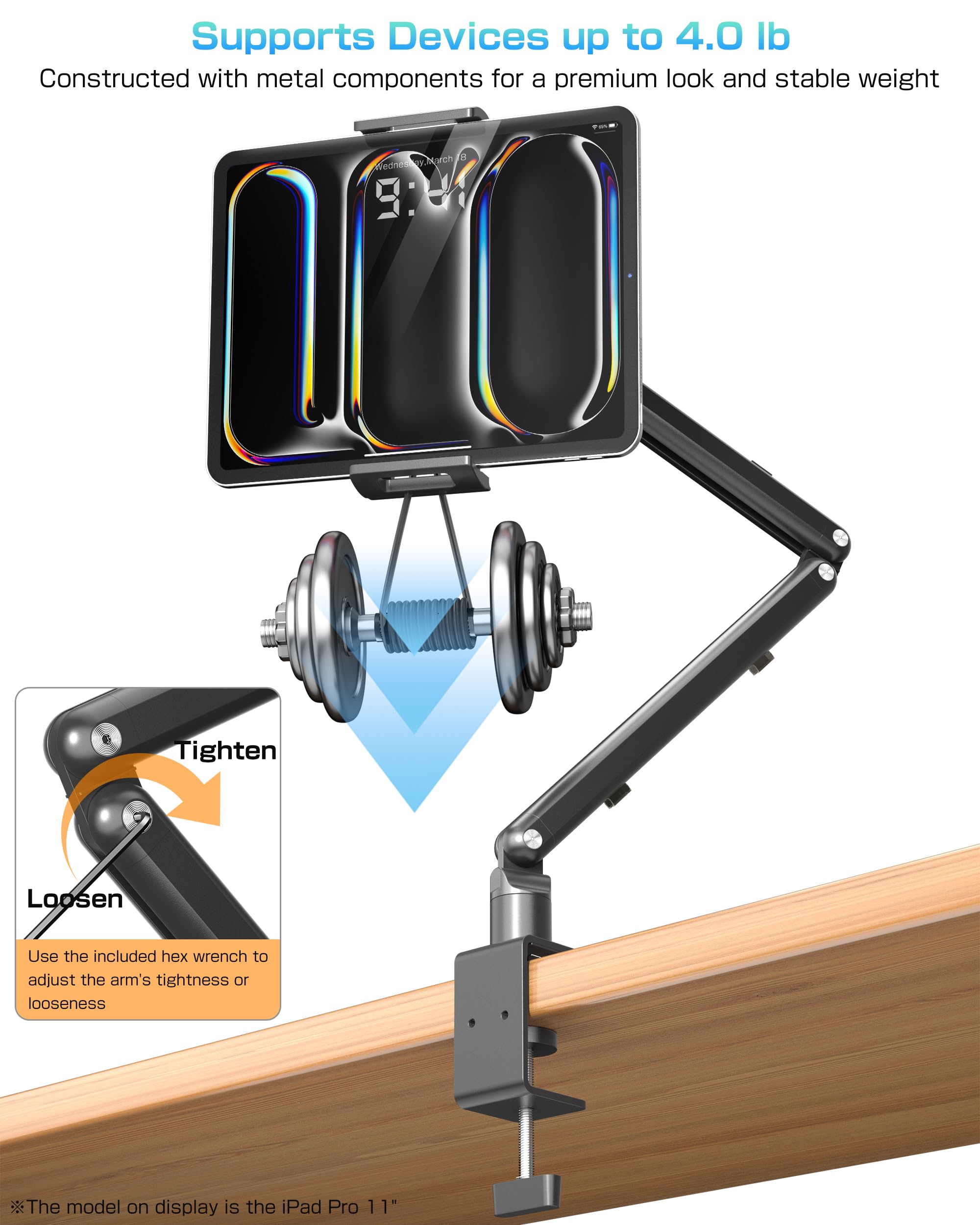 KUUVAN Tablet Arm Stand for Desk, Portable Monitor Stand Holder 15.6'',17.3'', Aluminum Alloy Foldable Arm Mount with 360° Rotating Desk Mount Compatible with 4.7-17.3inch Tablet, Cell Phone (Black)