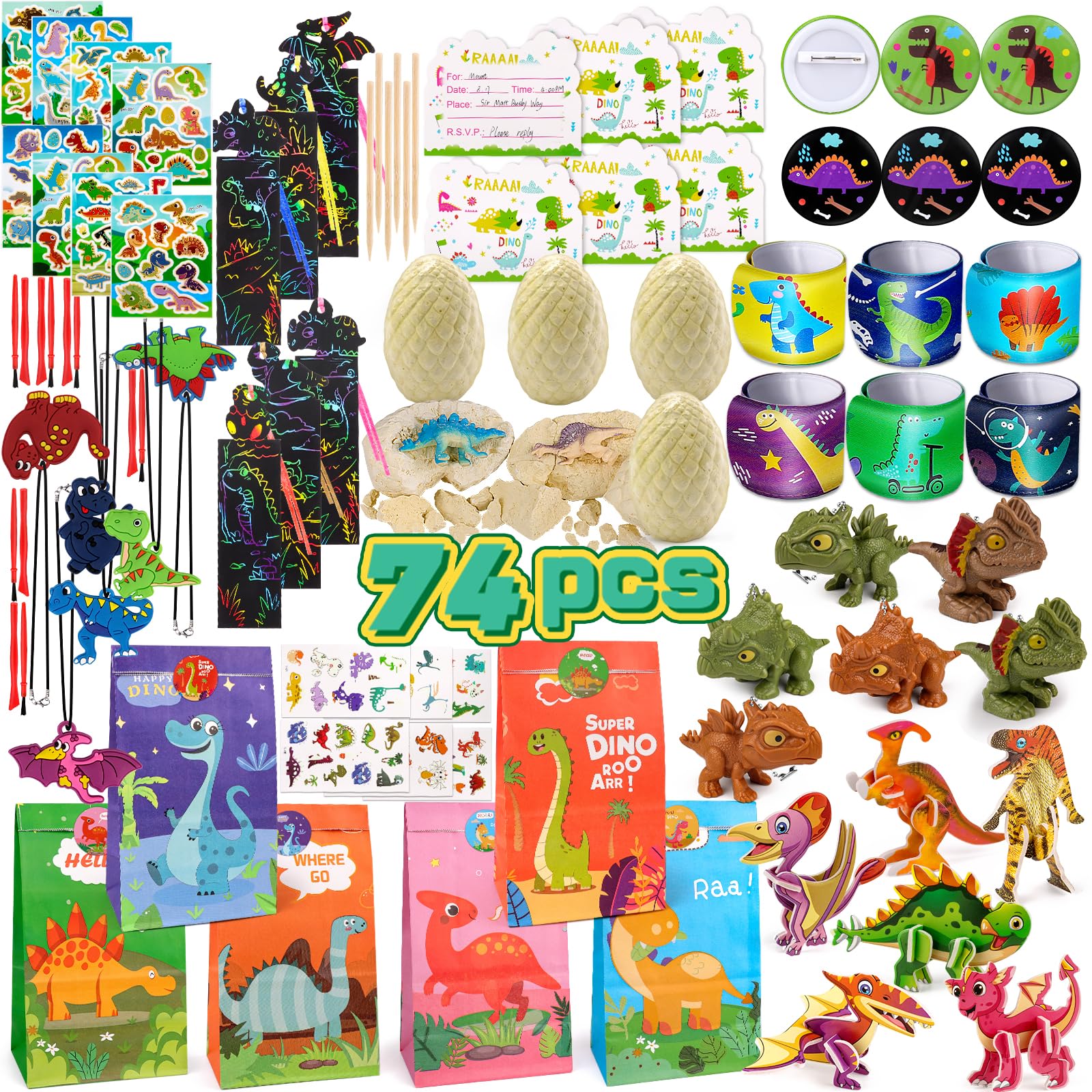 AmyBenton Dinosaur Party Bag Fillers for Boys and Girls, Kids Dino Party Bag Fillers for Return Gifts, Party Bag Toy, Goodie Bag Fillers for Kids Dinosaur PartyKeyring Tattoos Necklace Digging Egg