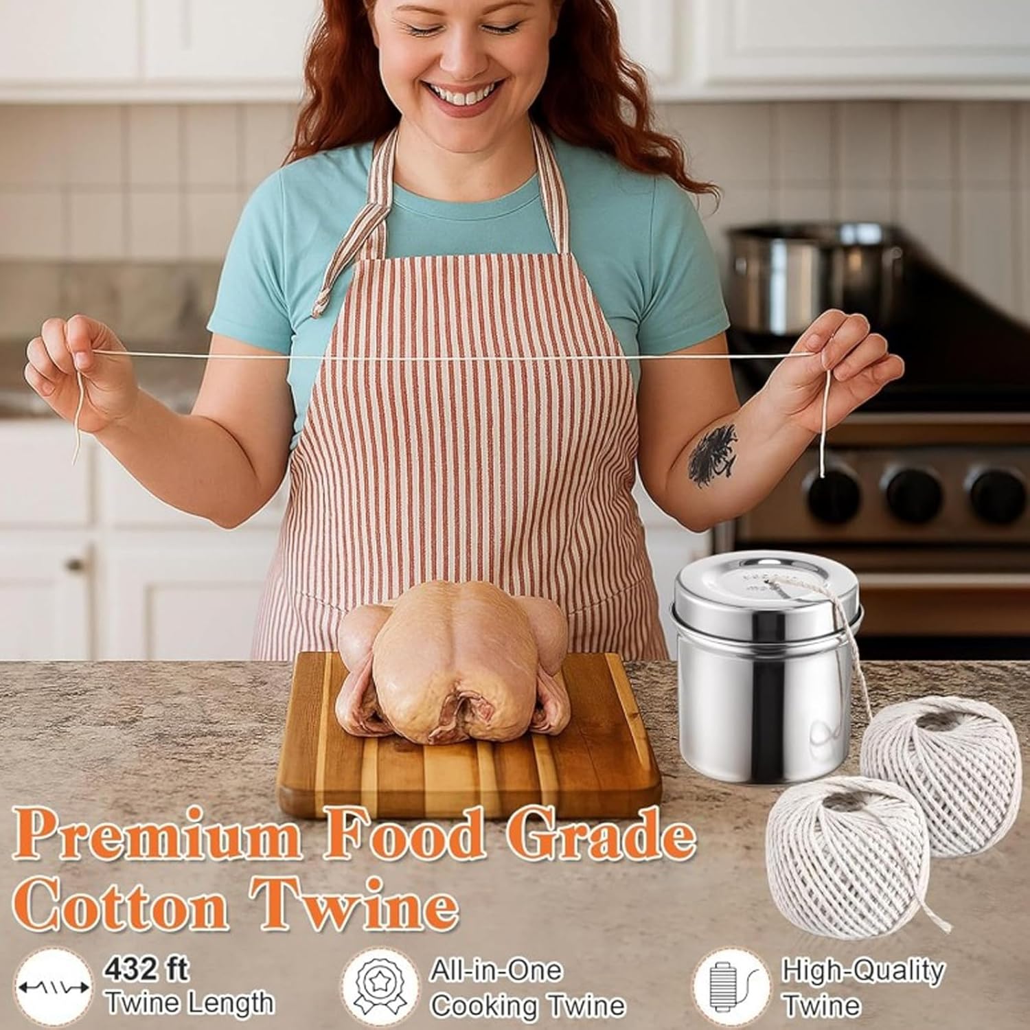 Steel Dispenser with 2 Rolls Cotton Twine Kitchen Turkey Trussing Tying String for Cooking Crafting and Gift Wrapping Butcher Twine for Roasting
