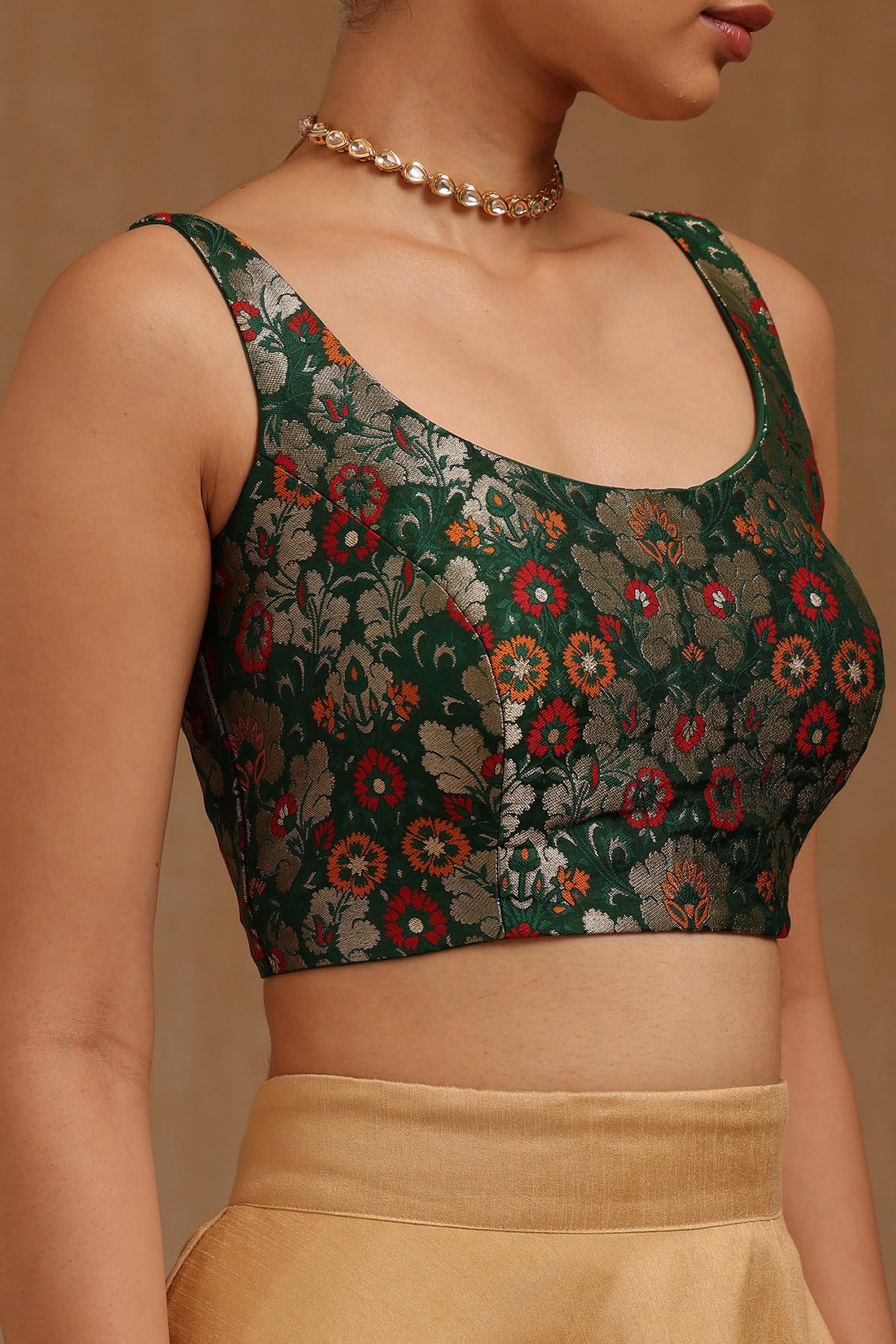 Soch Camicetta trapuntata da donna con stampa floreale Tussar, con tessuto Zari, verde, 34