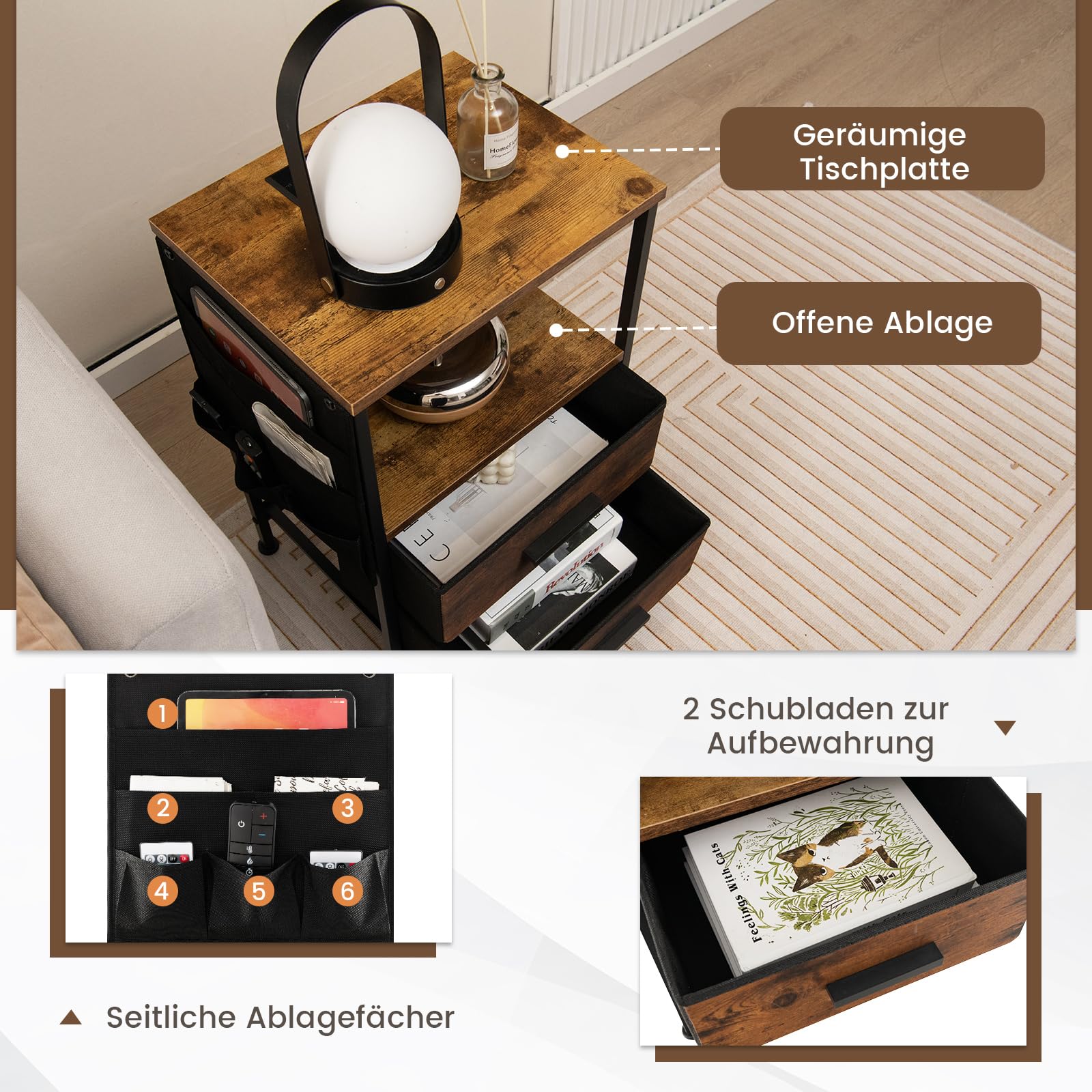 COSTWAY Stolik nocny 2 sztuki z 2 szufladami gniazdko elektryczne USB drewniany 38x30x60 cm rustykalny brąz