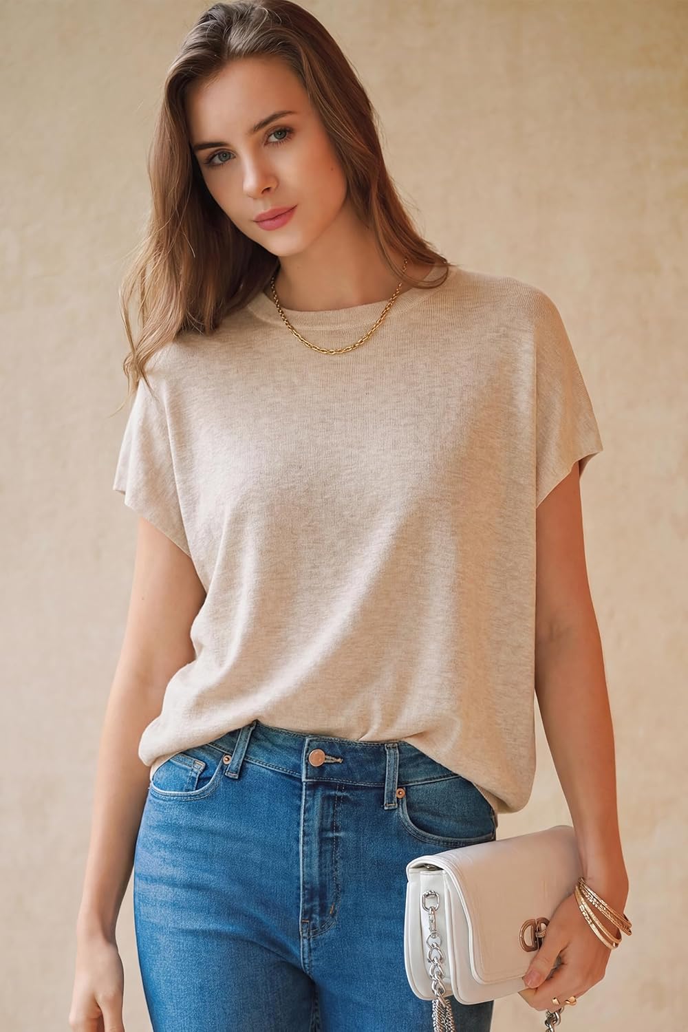 Arach&Cloz Women's Wool Blend Short Sleeve Oversized Sweater Business Casual Tops 2026 - Image 2