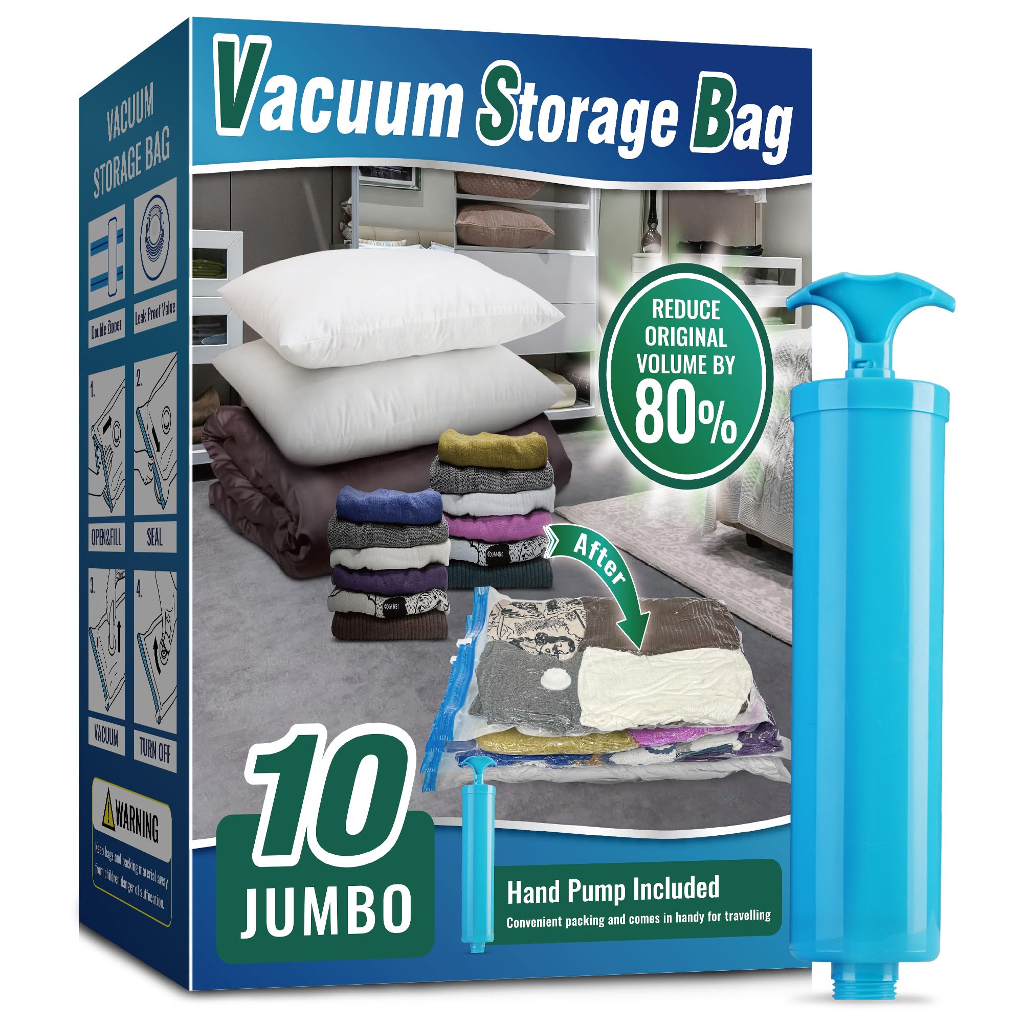 Oumaru Vacuum Storage Bags for Clothes, Vacuum Bags, Space Saver Bags for Clothes, Duvets and Pillows, Hand Pump Included, Pack of 10, Jumbo Size โ image 1