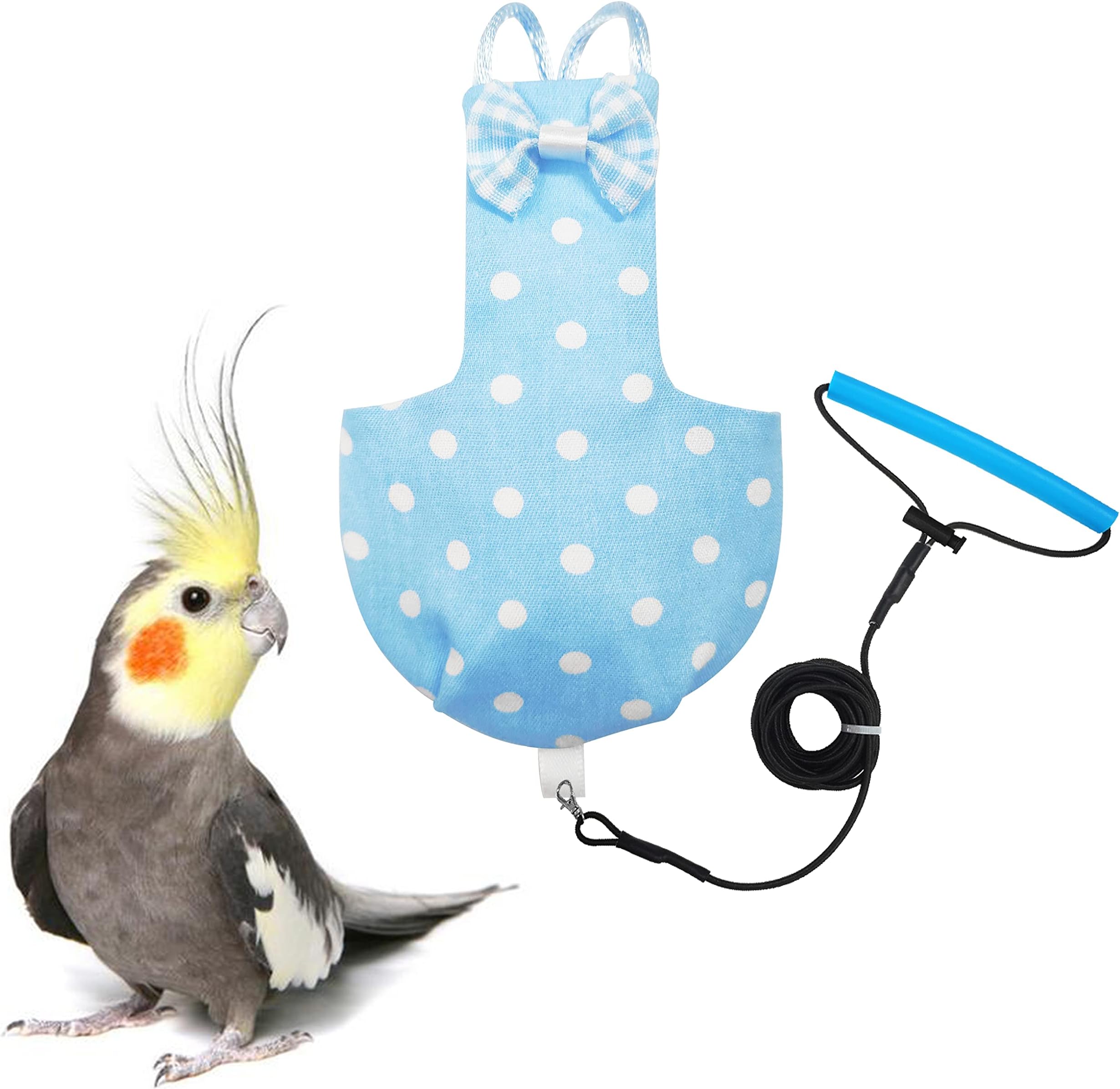 Bird Diaper Harness Flight Suit Clothes with 80 Inch Flying Leash for Parrots Cockatiel Pet Bird, Blue with White Dots, S Size, Including A Cotton Pad