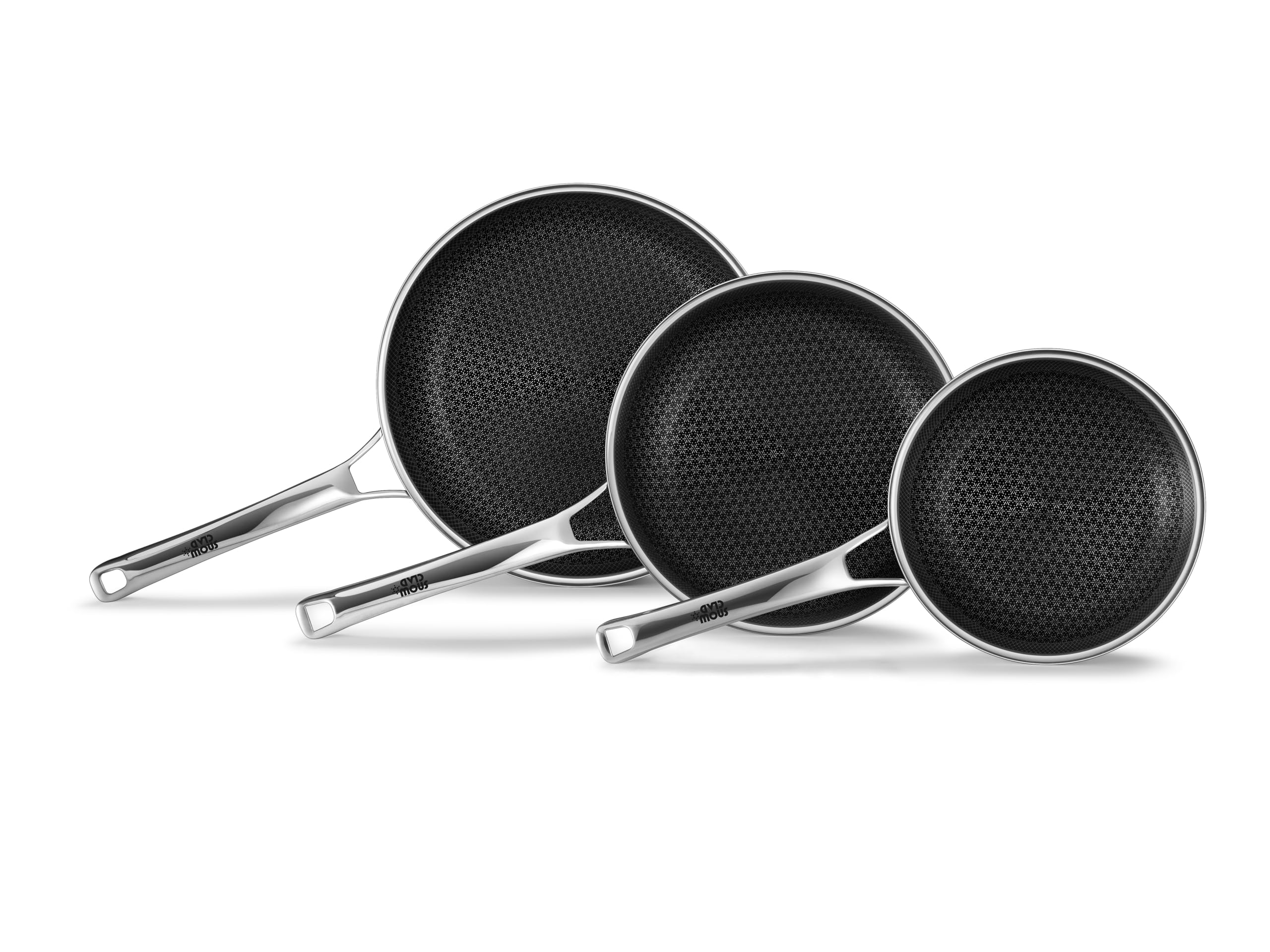 SNOWCLAD Non-Stick Frying Pan Set 3 Pieces 20/24/28cm, Stainless Steel Hybrid Skillets, PFOA-Free, Suitable for All Hob Types