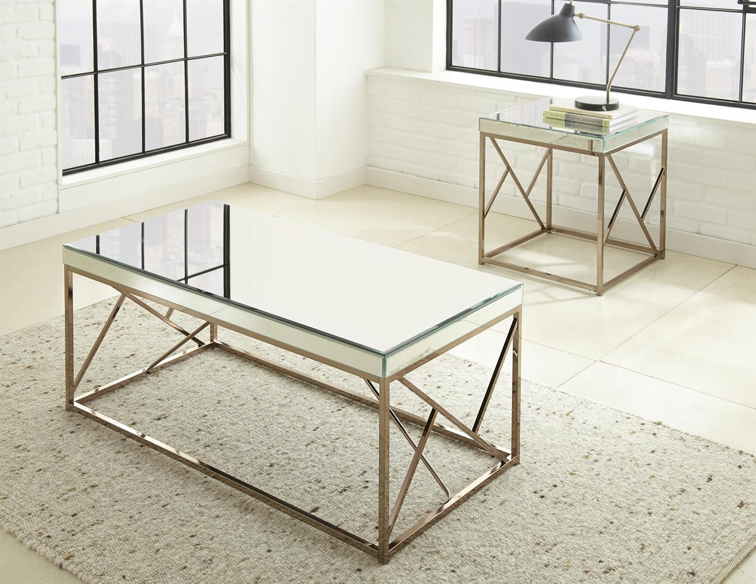 Steve Silver Evelyn Rectangular Mirrored Cocktail Table Finished in Unique Copper Chrome, Iron Base, Contemporary Styling Fits Any Living Room, 48" L x 25" W x 19" H, Tan
