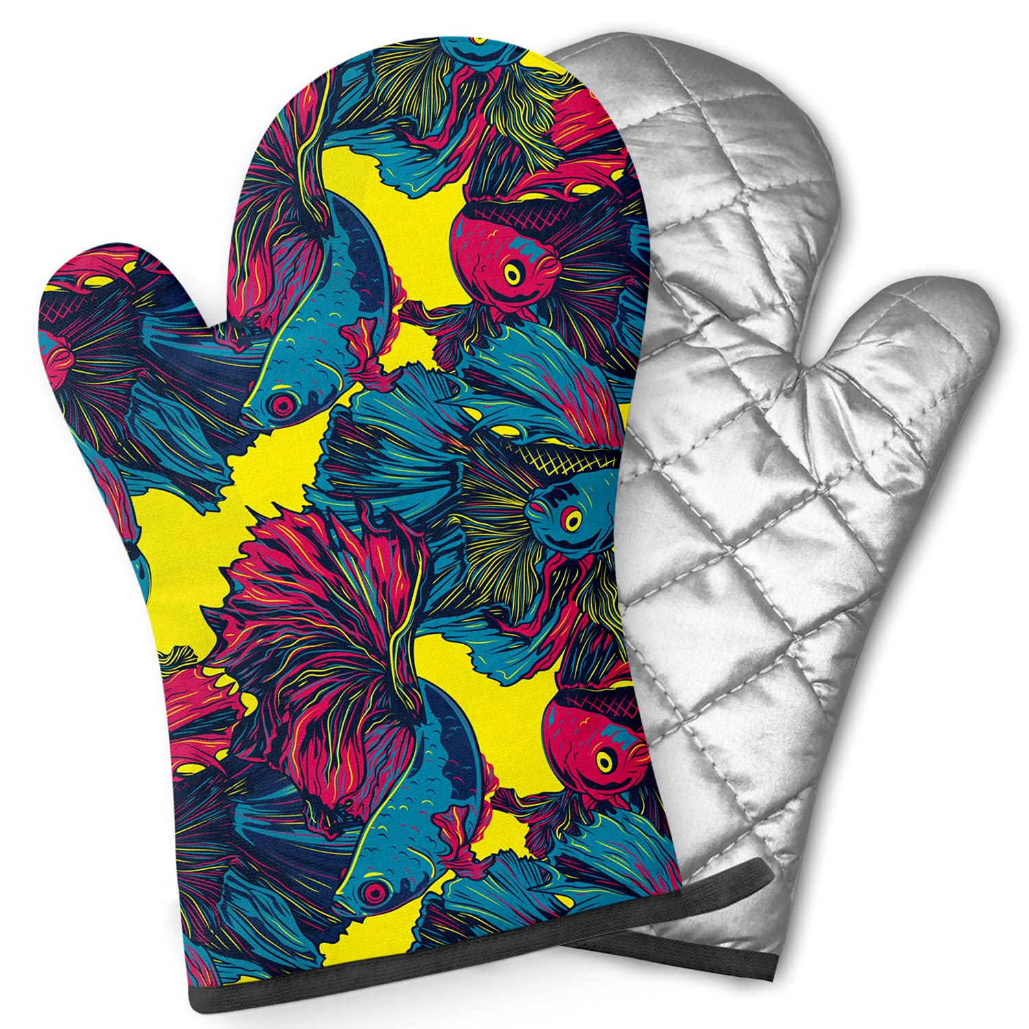 Pairs of Decorative Oven Mitts, Heat Resistant Kitchen Gloves for Cooking, Baking, Grilling ( Colorful Betta Fish )