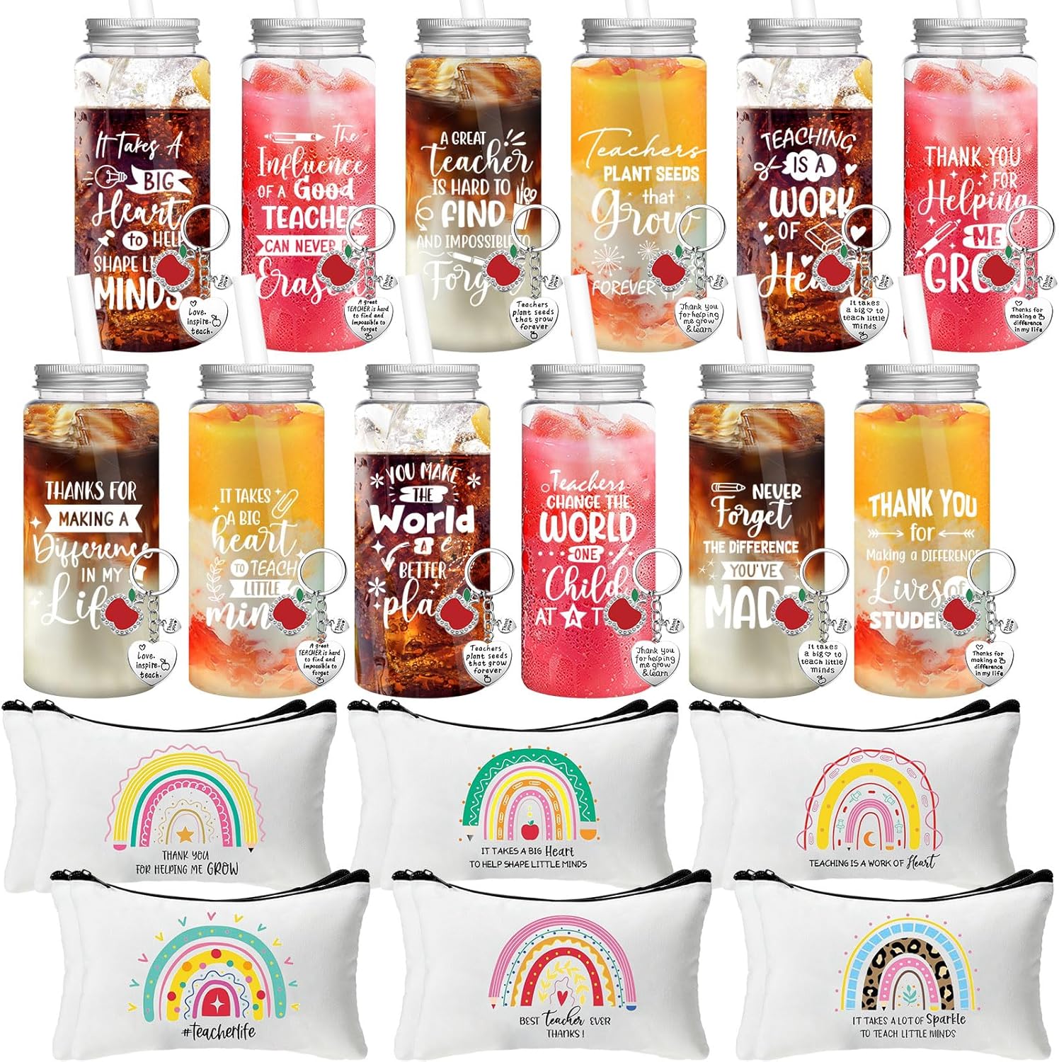 Skylety 36 Pcs Teacher Appreciation Gifts Sets Including 13.5 oz Teacher Reusable Tumbler with Lid Straw Makeup Bags Keychains, Thank You Appreciation Gift Idea for Coworker Stuff