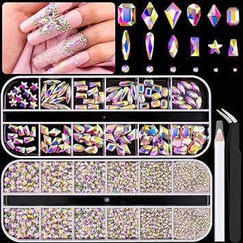 3220Pcs AB Glass Nail Rhinestones 120Pcs Multi Shapes Flatback Gems Crystal + 3100Pcs 1.5-4mm Round Beads, Manicure Diomand Jewelry Gemstones for Nail Design Makeup Acrylic Nails Decoration
