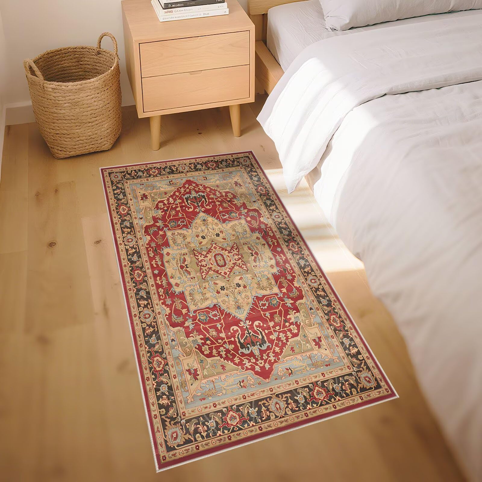 Antirutsch Bettvorleger Teppich Rot 160x220cm, Weich Vintage Blumenmuster für das Wohnzimmer Mädchen Schlafzimmer