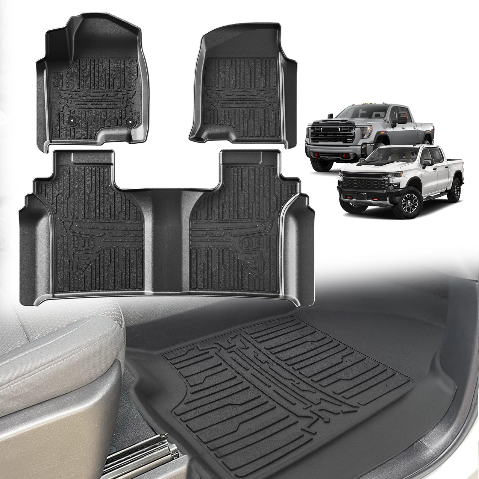 TripleAliners Floor Mats All Weather Compatible with 2019-2024 Chevy Silverado/GMC Sierra 1500 & 2020-2024 SilveradoSierra 2500 HD/3500HD Crew Cab 1st & 2nd Row, Rear with Factory Carpeted Storage