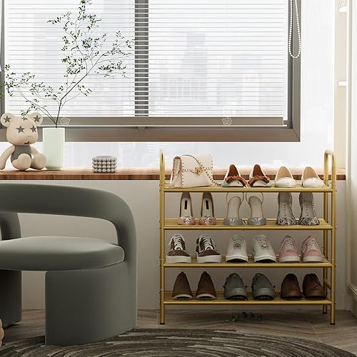 Miniatura 7 de Huhote Zapatero de metal de 4 niveles de malla de hierro dorado organizador de zapatos independiente estante de almacenamiento, estante de