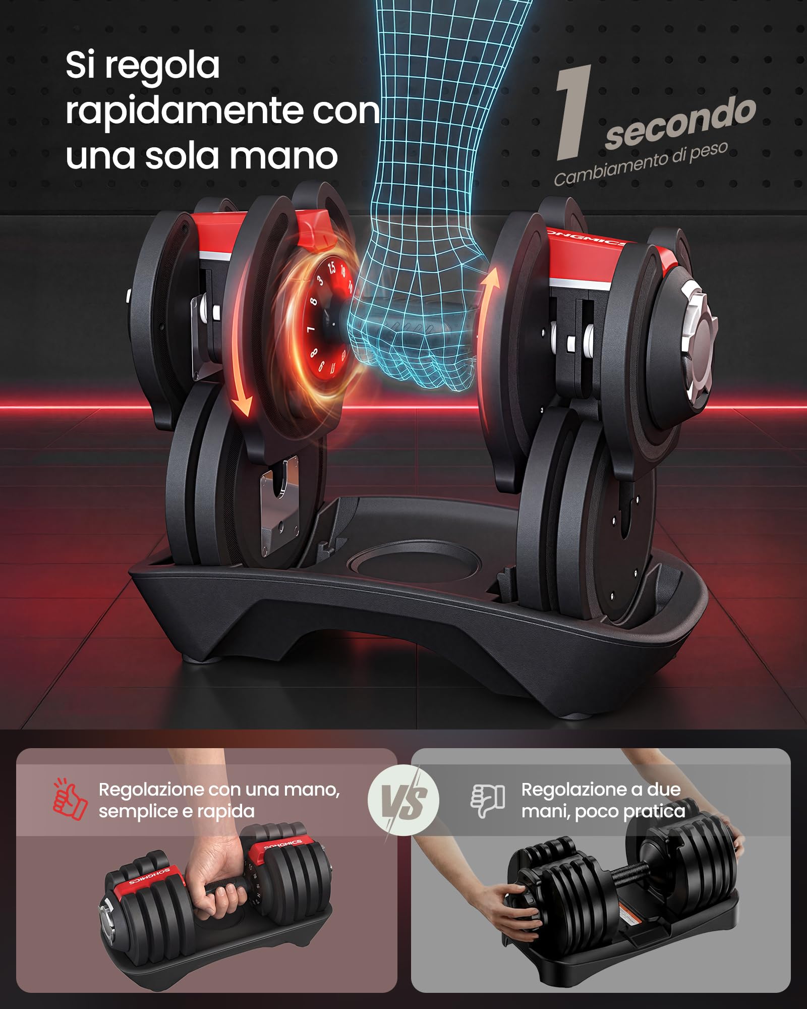 SONGMICS Set da 2 Manubri Regolabili 12 in 1, Compatto, Impugnatura Antiscivolo, Basi di Appoggio, Fitness e Allenamento di Forza a Casa