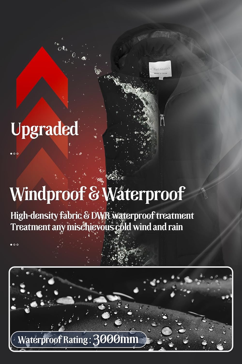 Chrisuno Women's Long Warm Puffer Vest Fleece Sleeveless Vests Waterproof Outerwear With Removable Hood - Image 5