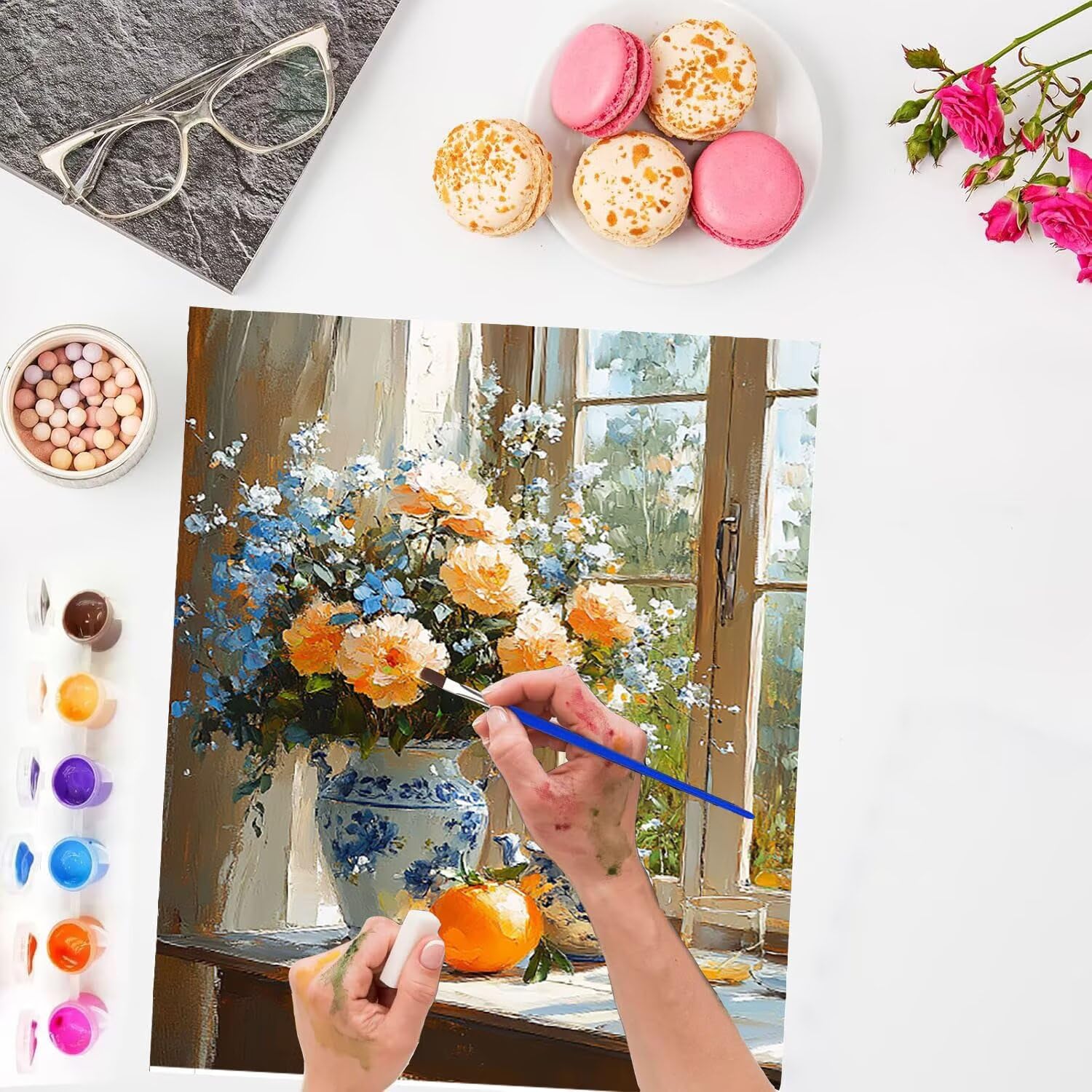 Dipingere con i Numeri Adulti, Finestra Fiore Quadri da Dipingere Numerati, Kit Pittura Acrilica DIY Bambini, Hobby Creativi Adulti, Dipinto a Mano Kit Pittura a Olio 90x120cm (Senza Cornice) T-139