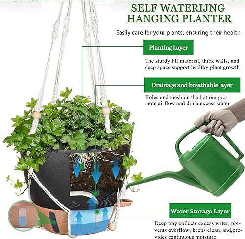 Miniatura 4 de Macetas colgantes de 10 pulgadas para plantas de interior, paquete de 2 cestas colgantes de riego automático macetas con orificio de drenaje,