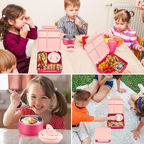 Miniatura 8 de Lonchera Bento para niños con termo de sopa de 8 onzas, recipientes de comida a prueba de fugas para niños con 4 compartimentos, tarro térmico