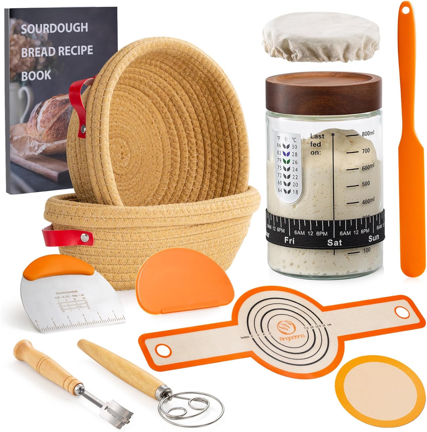 sourdough starter kit, handmade cotton rope oval and round banneton bread baskets with liners and covers, 35oz sourdough starter jar, essential bread baking tools