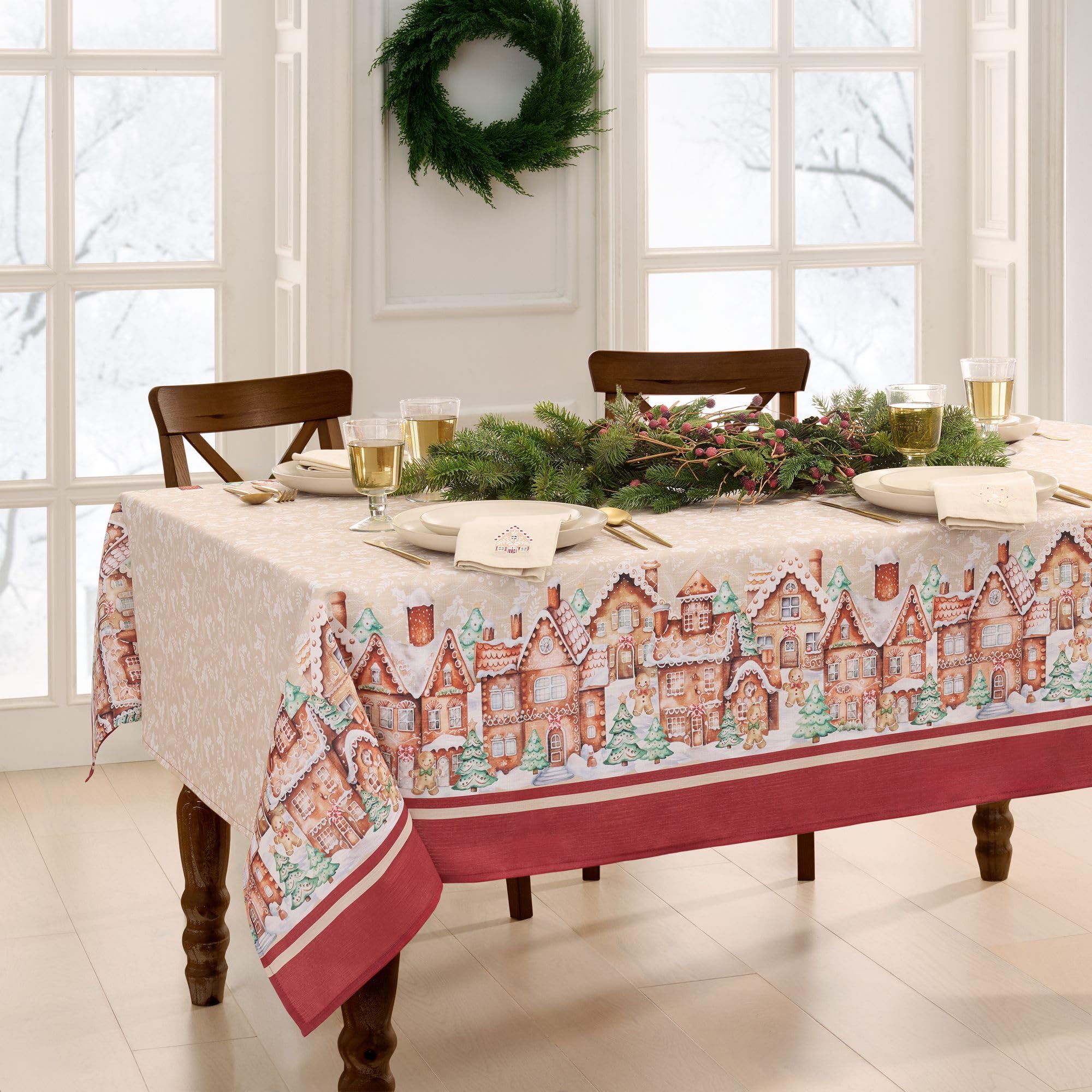 Elrene Home Fashions Gingerbread Village Bliss Christmas/Holiday Bordered Tablecloth, 60"x144" Rectangle