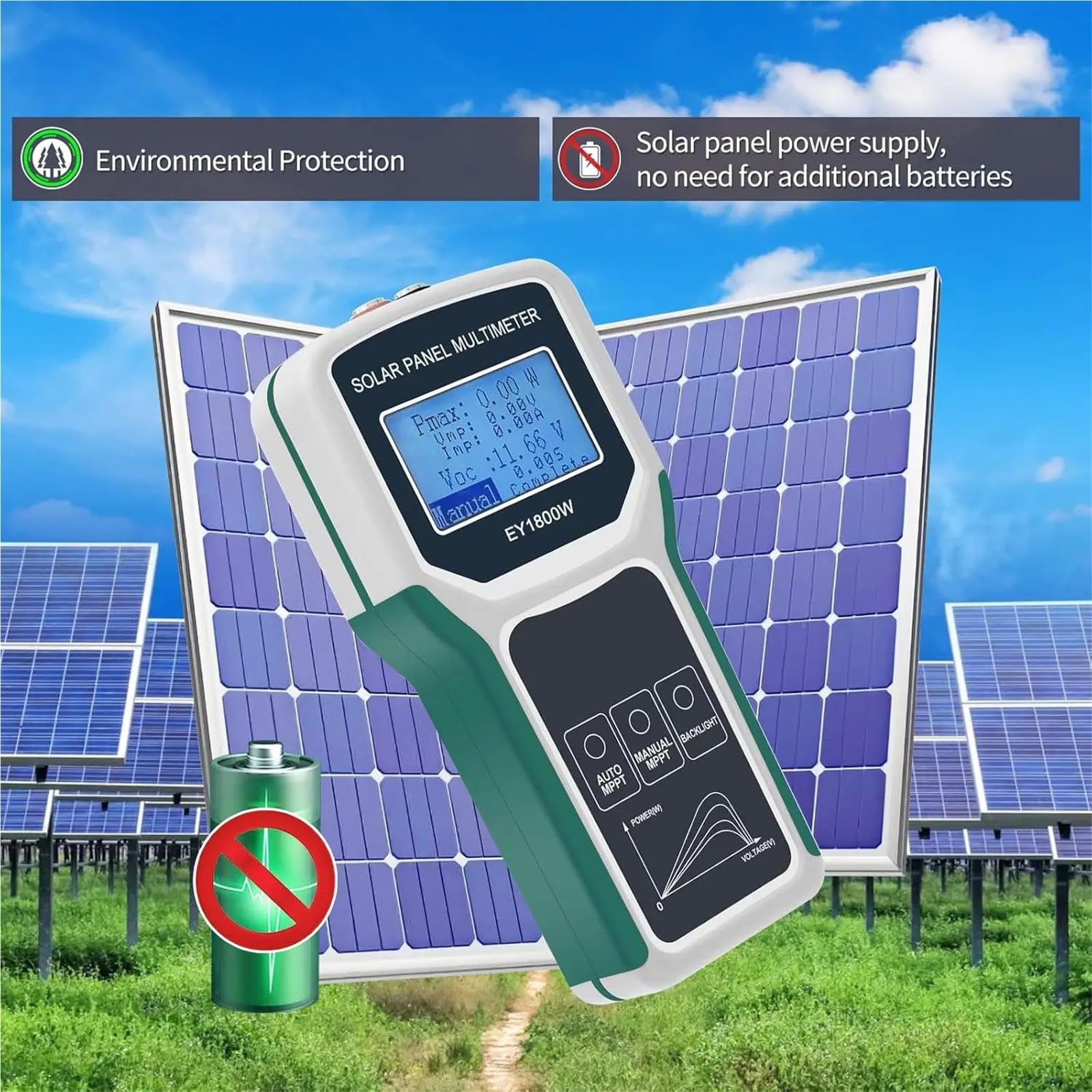 Inteligentny tester paneli słonecznych, automatyczny/ręczny multimetr do fotowoltaicznych MPPT o mocy 1800 W Wyczyść wyświetlacz