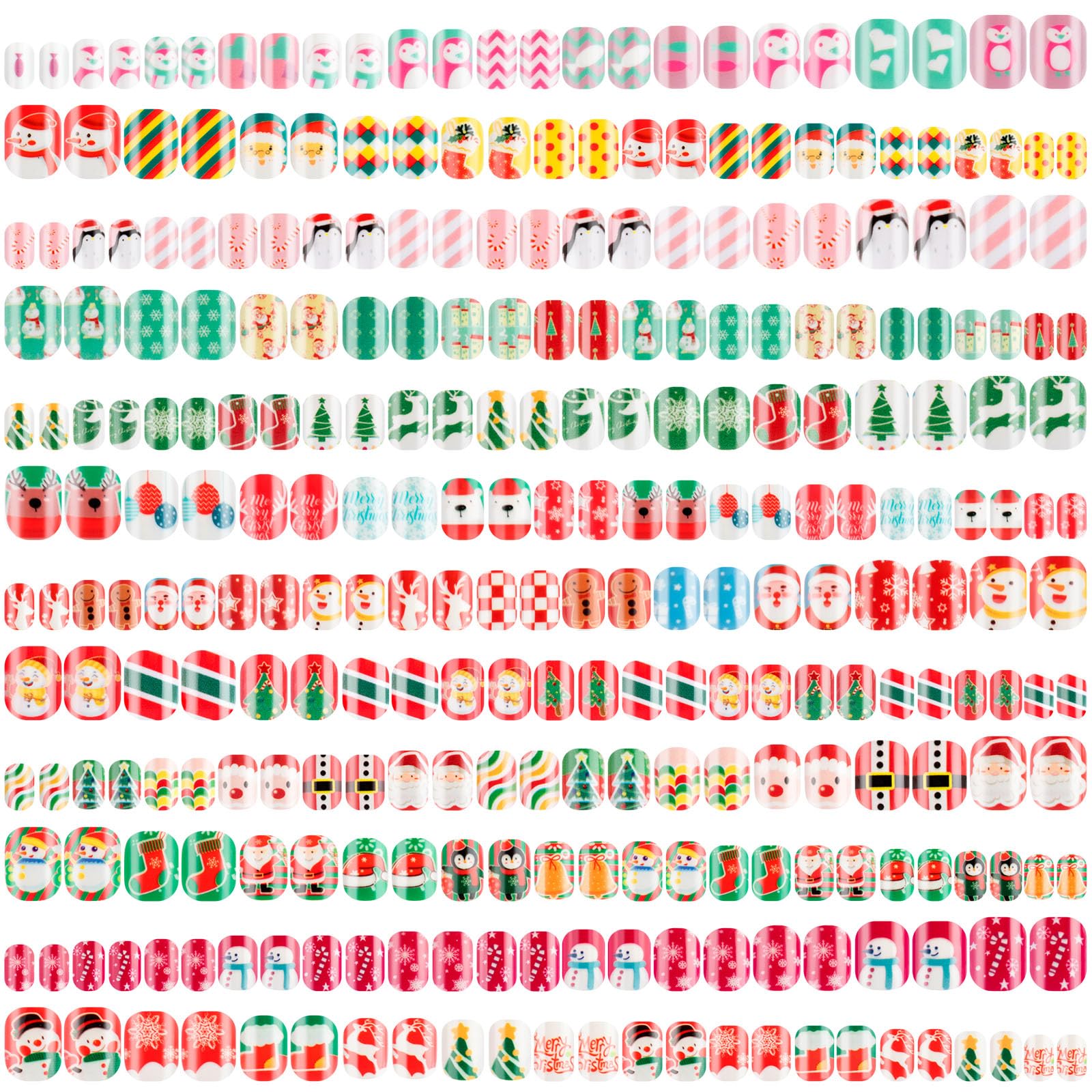 240 Pieces 12 Sets Christmas Press on Nails for Kids Girls Fake Nails Artificial False Fingernail Pre-glue Full Cover Cartoon Gradient Short Nail Tip for Girls Kids Nail Decoration