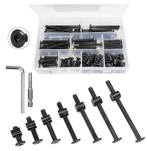 binifiMux Kit de tornillos de cuna M6, perno de conector plano negro para muebles con tuercas de barril para marcos de cama, 0.787 in - 3.150 in (5