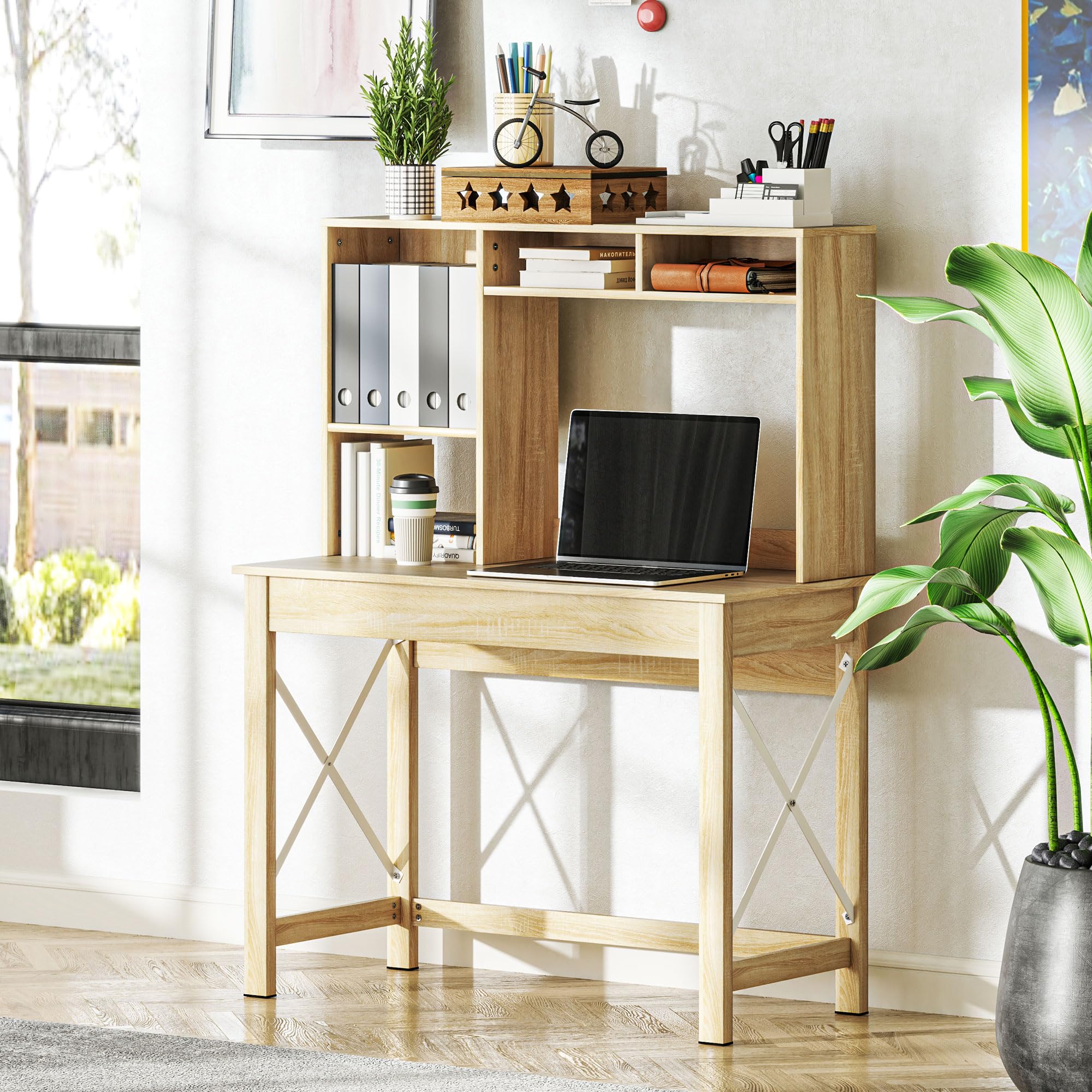 HOMCOM Scrivania computer 41" con scomparti e mensole Rovere | Tavolo da scrittura con ribalta, scrivania per ufficio domestico