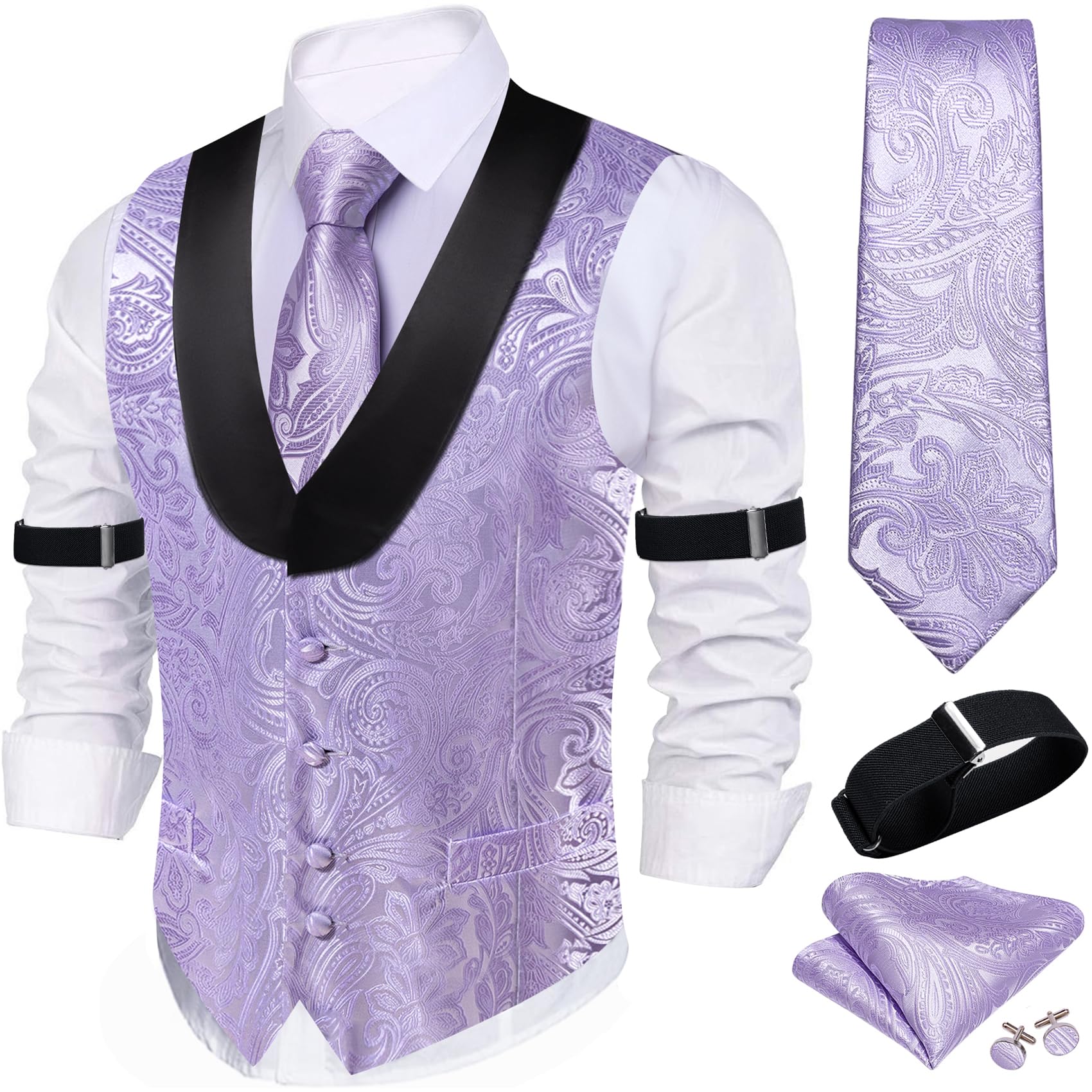 Barry.Wang Mens Silk Paisley/Floral Suit Vest Tie Sleeve Holder Set 5PCS