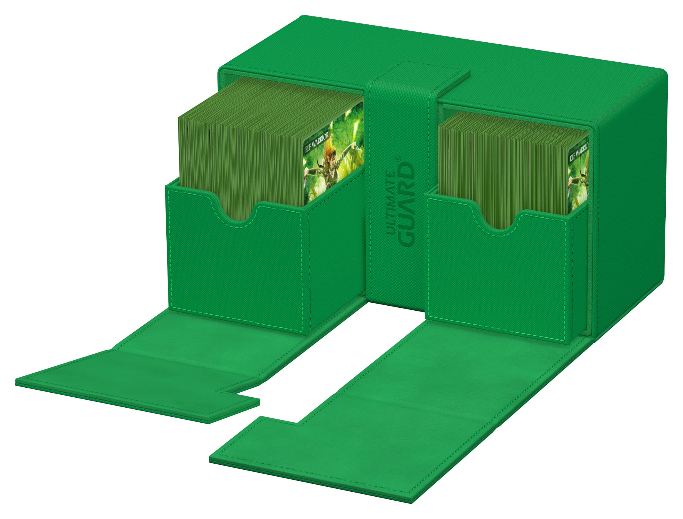 Ultimate Guard Twin Flip'n'Tray 200+, Deck Case per 200 carte TCG a doppia manica + vassoio per dadi, verde, chiusura magnetica indipendente e fodera interna in microfibra