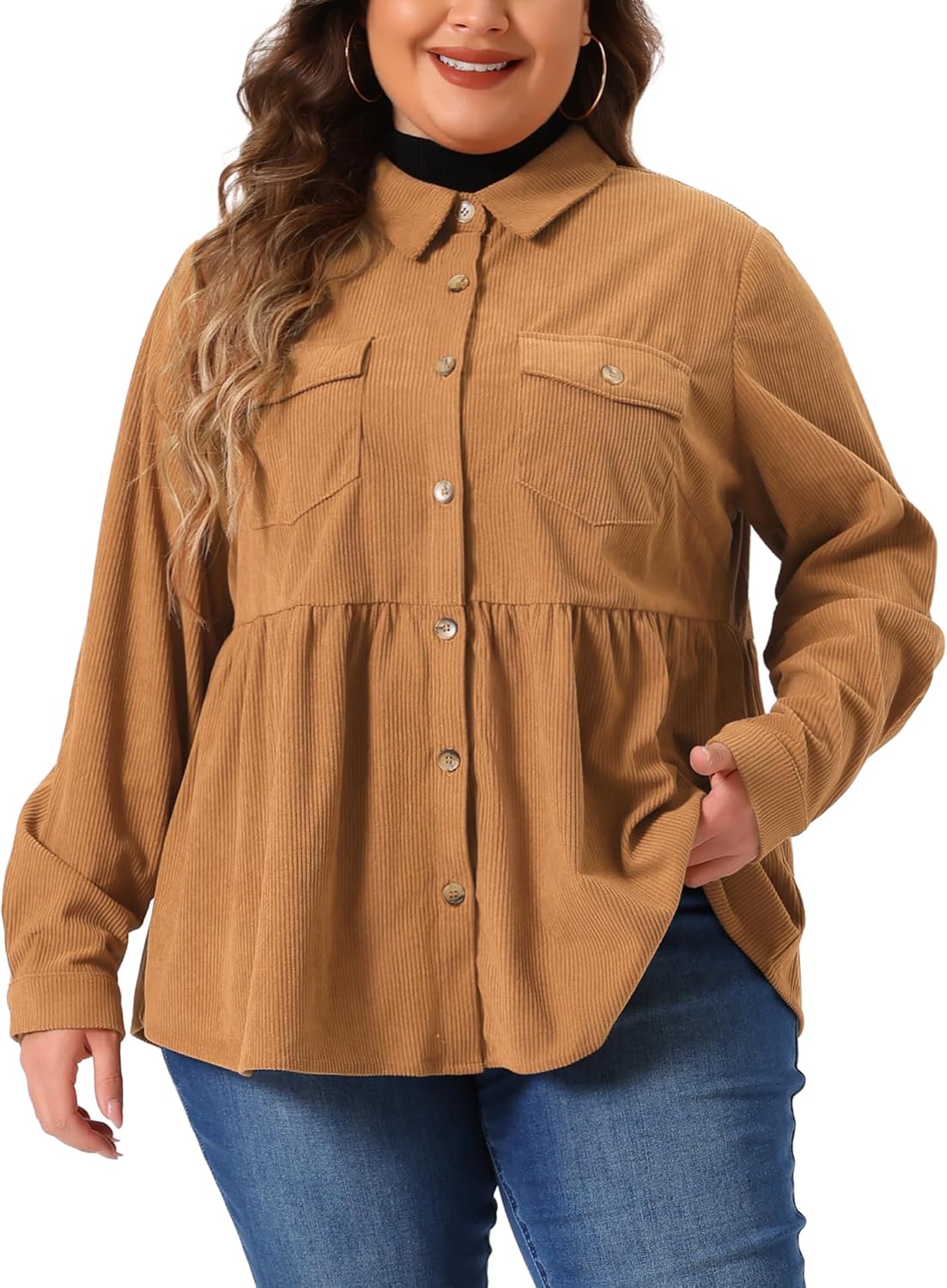 Agnes Orinda Plus Size Corduroy Shirts for Women Peplum Cute Long Sleeve Button Down Blouses with Pockets Tops