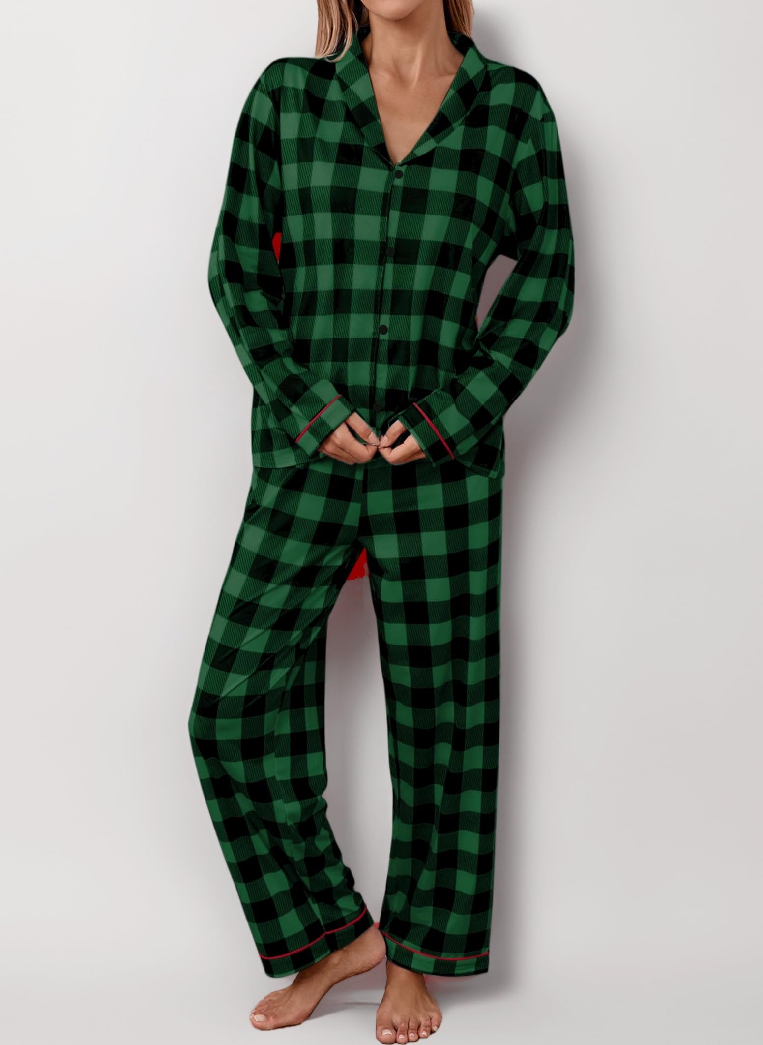Women's Plaid Pyjamas Long Sleeve Button Down Nightwear Lounge Sets Loose Shawl Collar Sleepwear with Pockets