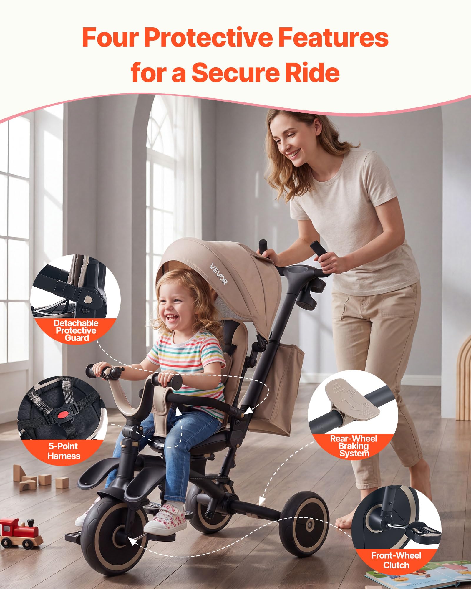 VEVOR Triciclos Plegable para Niños de 1,5 a 5 Años, Triciclo Infantil con Manillar de Empuje, Capota, Asiento Giratorio, Espacio de Almacenamiento, Cuadro de Acero al Carbono, Caqui y Negro