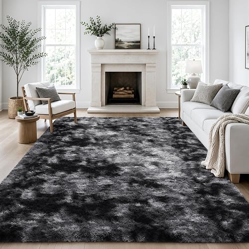 Ophanie Tie-Dyed Black & Grey Area Rugs 8x10 for Bedroom Living Room, Fluffy Shag Fuzzy Carpet, Plush Shaggy Rug, Indoor Carpet for Kids Boys Dorm Home Decor Aesthetic, Nursery with 99 pcs Pile fibers