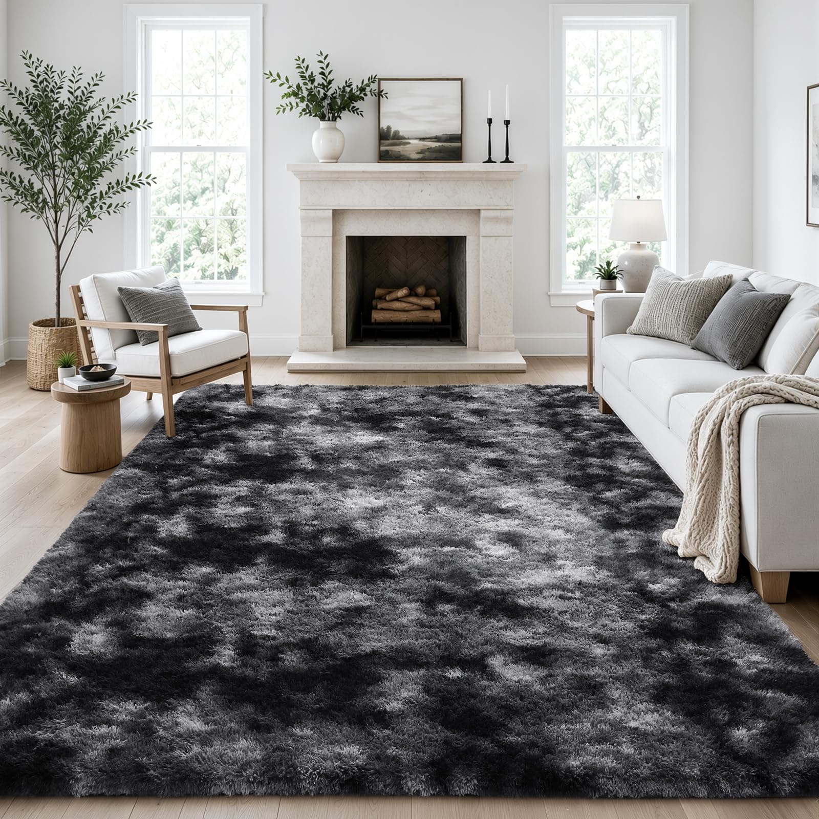 Ophanie Tie-Dyed Black &amp; Grey Area Rugs 8x10 for Bedroom Living Room, Fluffy Shag Fuzzy Carpet, Plush Shaggy Rug, Indoor Carpet for Kids Boys Dorm Home Decor Aesthetic, Nursery with 99 pcs Pile fibers