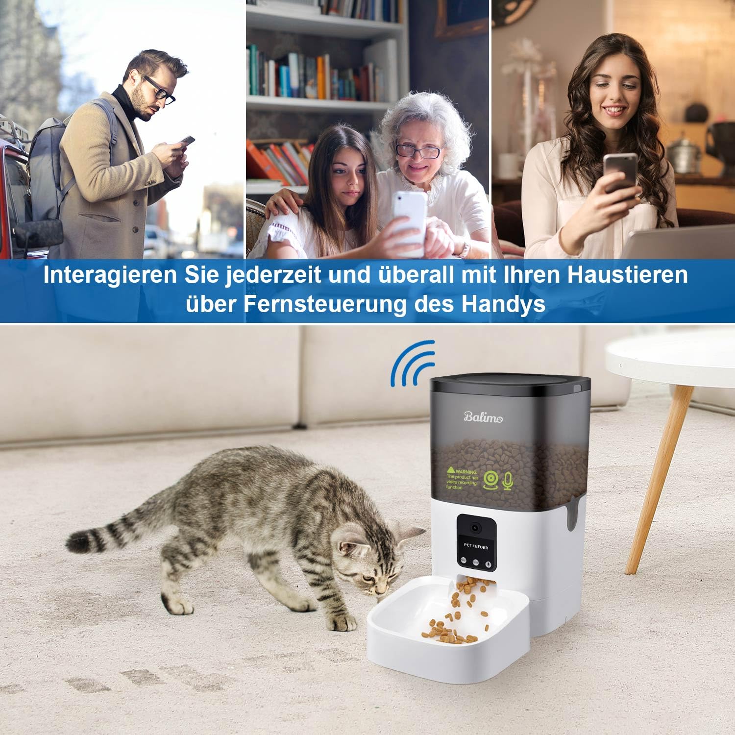 Balimo Comedero Gato Automatico 2.4G WiFi con Cámara 1080p HD, 4L Dispensador Comida Gatos y Perros con Video Visión Nocturna y Audio Bidireccional, Fuente de Alimentación Dual, 8 Comidas al día