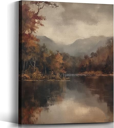 Voxitura Lienzo decorativo para pared de paisaje otoñal vintage, decoración rústica de otoño con lago y bosque para Acción de Gracias, pinturas de