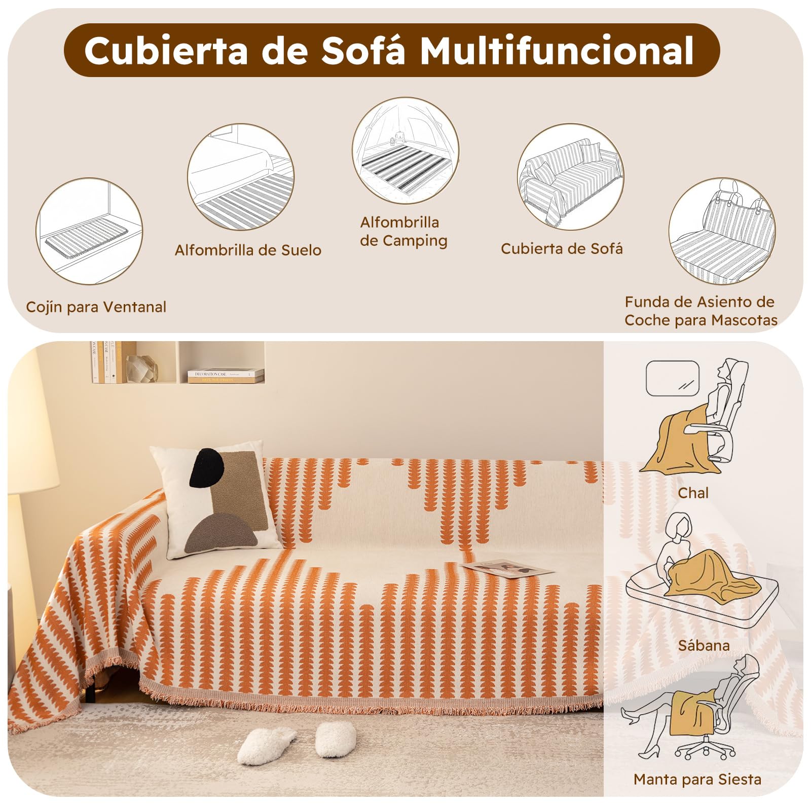 Funda Sofa, Plaid Sofa,Colcha Sofa,Funda de sofá de Chenilla Reversible, Funda de sofá Lavable, Manta Sofa Multifunción 180 * 260cm-Naranja