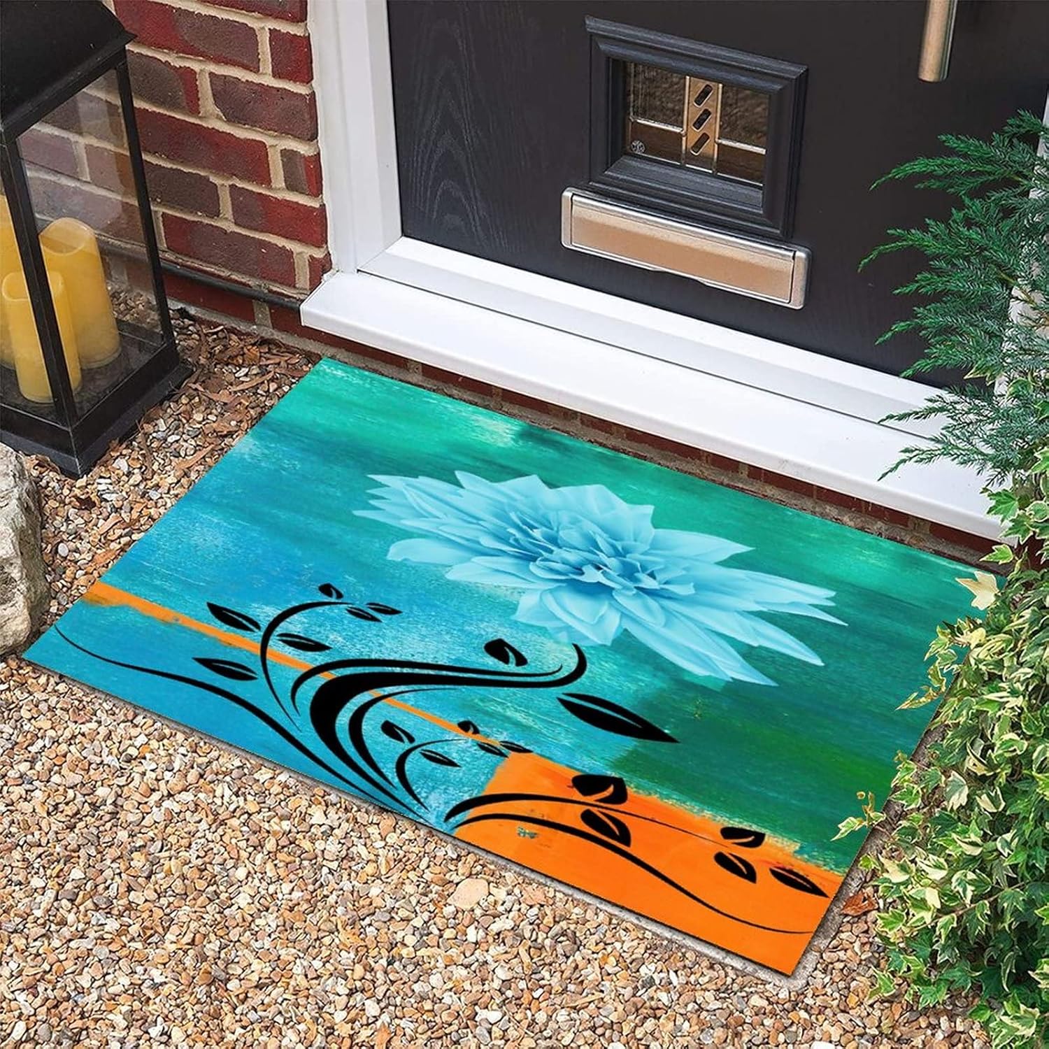 Coir Fiber Indoor Door Mat 24x35 Blue Gray Floral Abstract Dahlia Decorative Rug Mats Heavy Duty Boho Artwork Flower Painting Home Décor for Outdoor Entrance Garage Entryway New Homeowner Gift