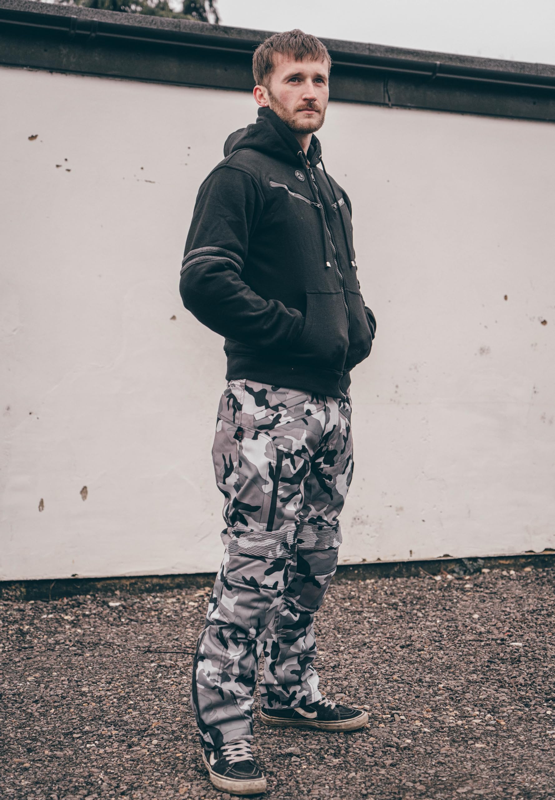 Texpeed Pantalon de moto homme renforcé - Gris Camouflage Imperméable - Avec armure CE blindé protection (EN 1621-1) - L Taille/Jambe Longue