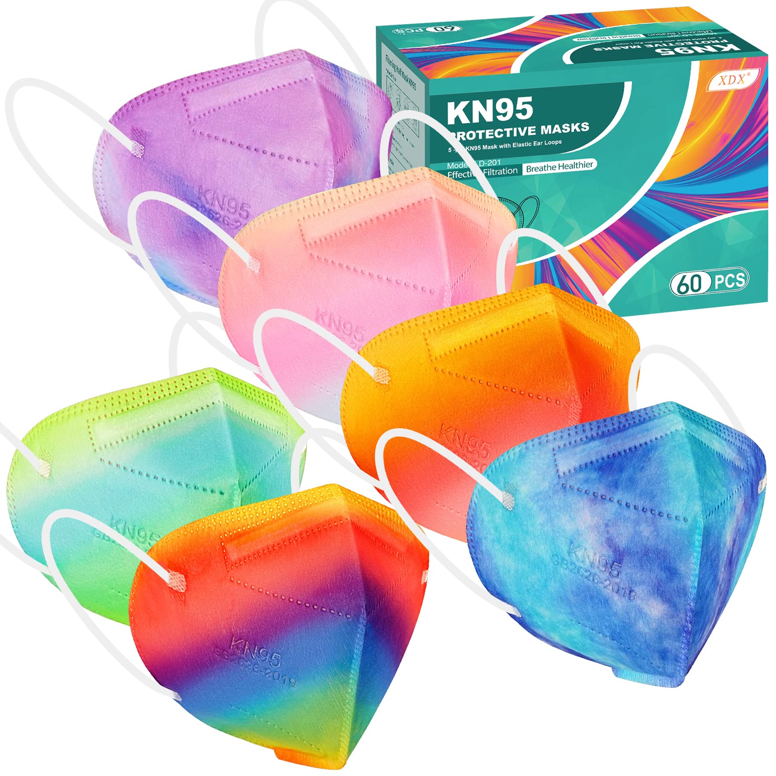 XDX 60 Stück FFP2 Maske Bunt Einzeln Verpackt, FFP2 Maske CE Zertifiziert, 6 Farben FFP2 Masken für Männer und Frauen, 5-lagige atmungsaktive und bequeme Einwegmasken(mittlere Größe – 60 Stück)