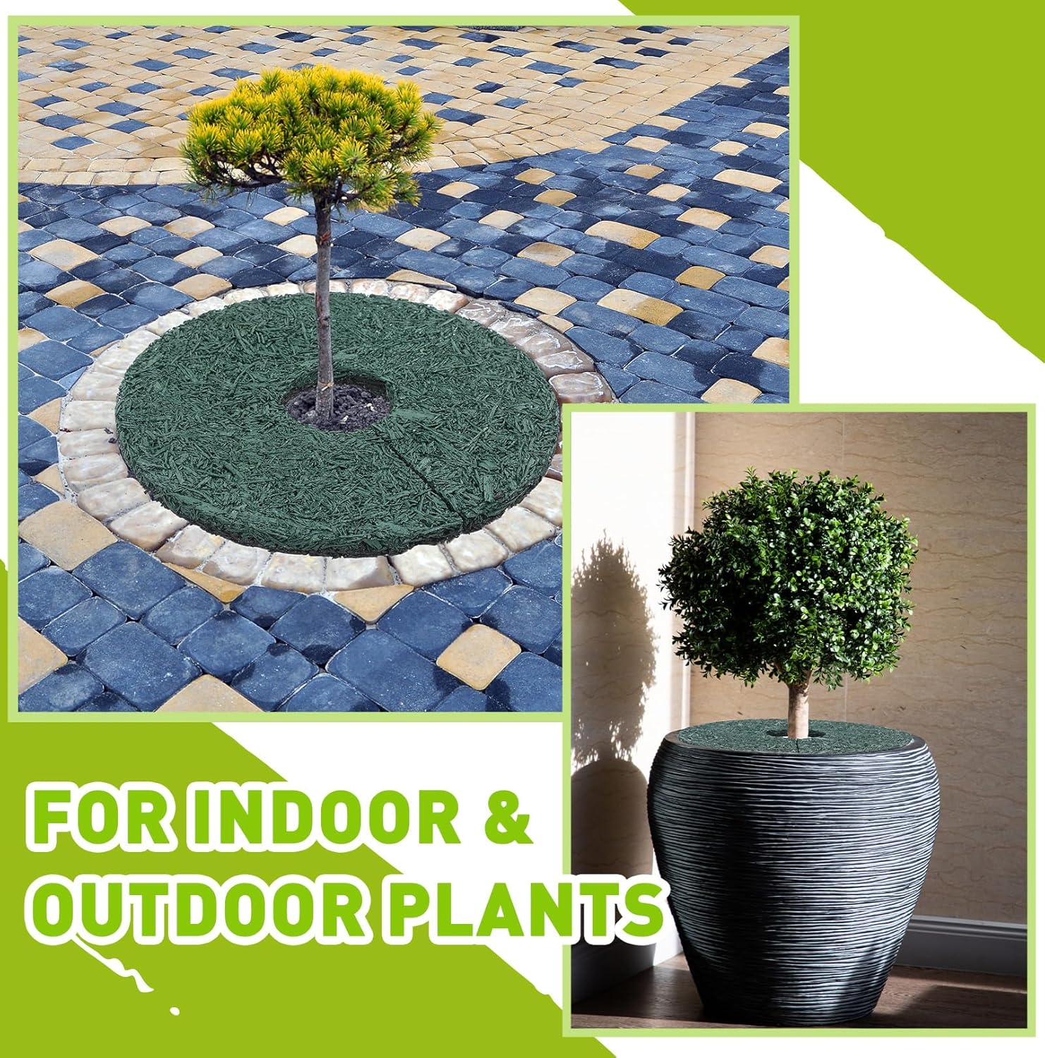 Peryiter 4 Pcs Double Side Rubber Mulch Tree Ring, Heavy Duty Rubber Mulch Mat, Tree Root Protector Mat Reversible Round Root Ring Weed Barrier for Prevent Animal Dig (Green)