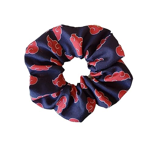 Handmade ninja anime scrunchie, Julie Ng Studio, red cloud leaf village uchiha akatsuki fish cake hair tie, gift for her, ninja cosplay hair tie
