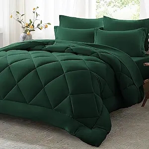 Anluoer King Comforter Set,Emerald Green Bed in a Bag 7 Piece,Lightweight Bedding Set with Soft Down Alternative Fill,Bed Set Includes Comforter, Fitted Sheet, Flat Sheet,Pillowcases and Shams