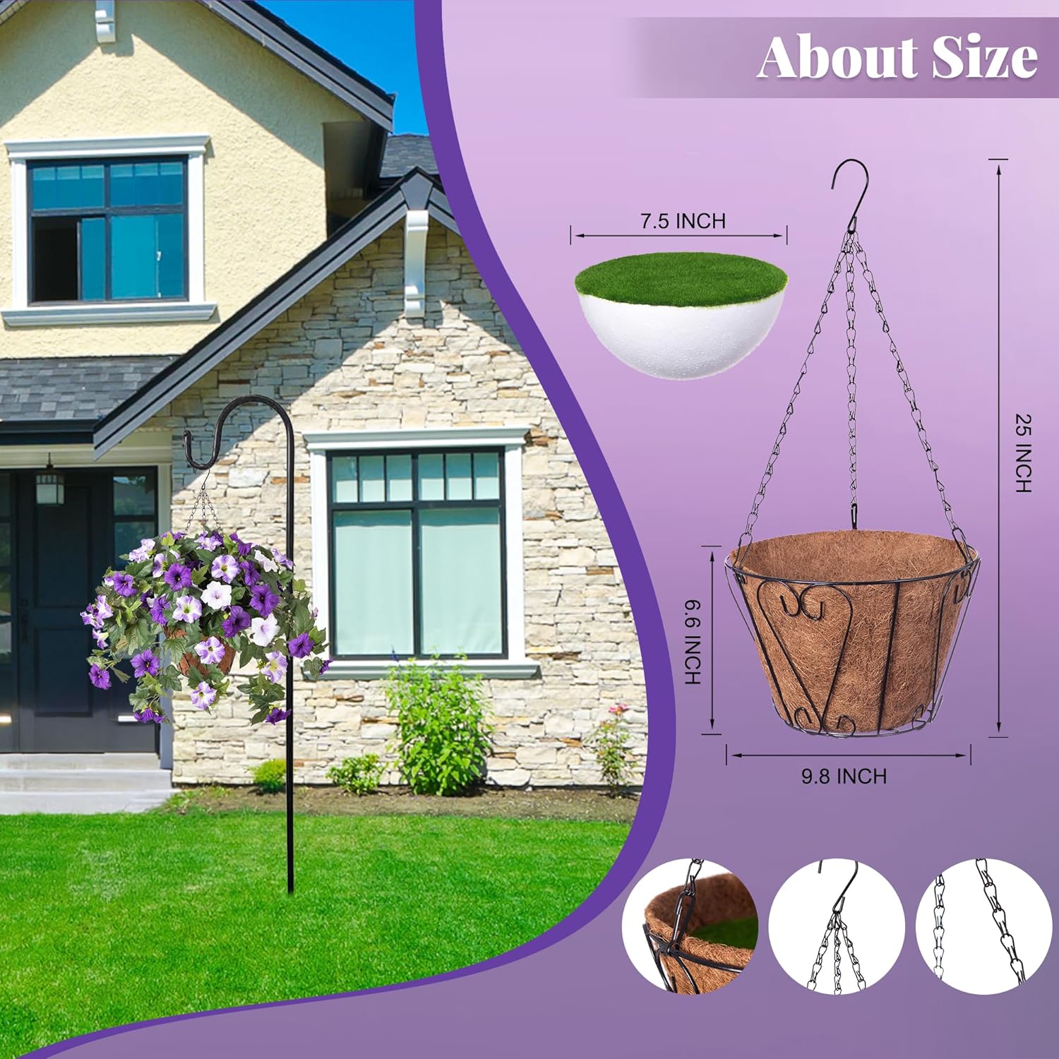 Artificial Hanging Fake Flowers with Basket Plants for Outdoor Decoration, Faux Silk Flower UV Resistant Morning Glory for Home Porch Patio Garden Balcony Yard Look Real (Purple White) - Image 3