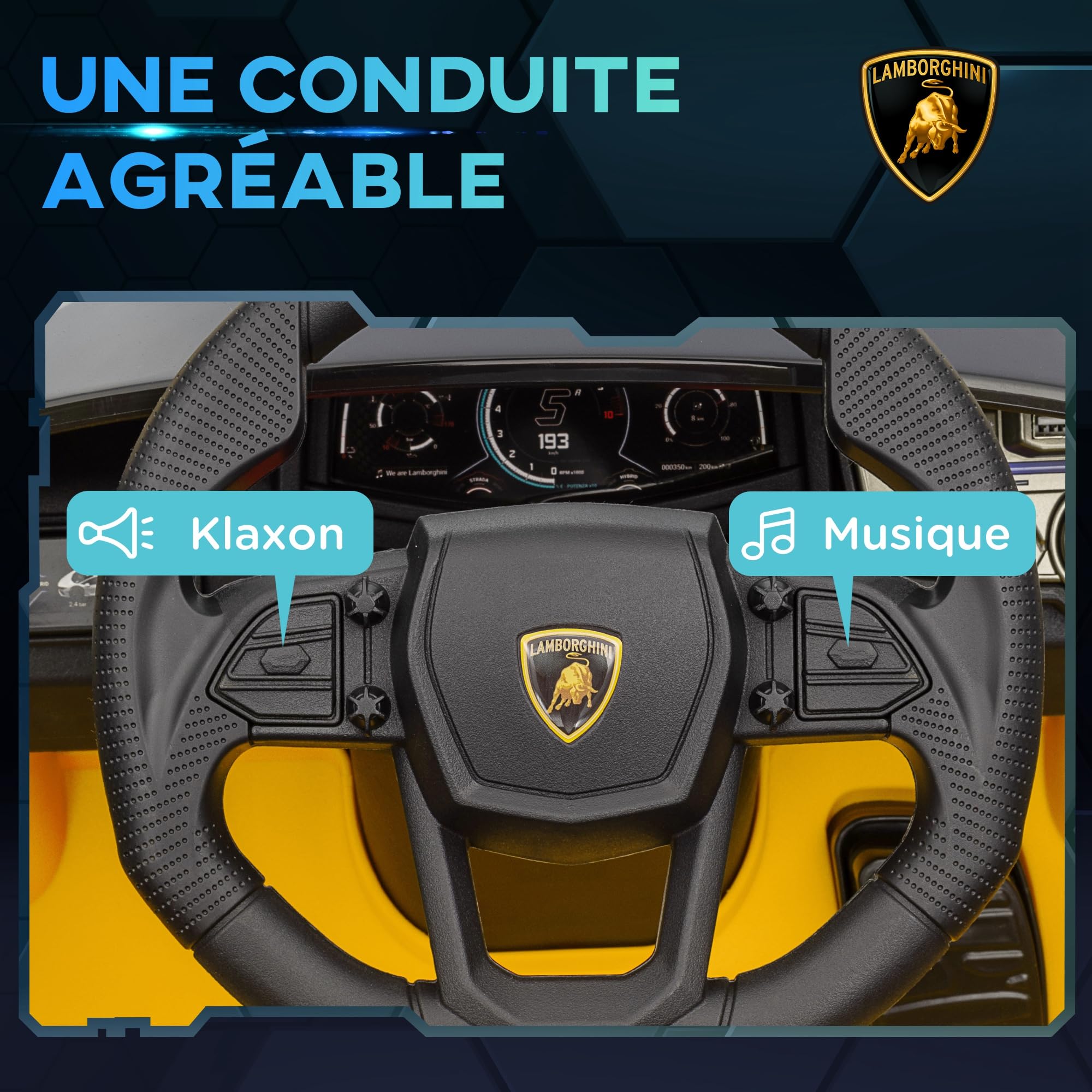 AIYAPLAY Voiture électrique Enfants sous Licence Lamborghini Revue Jaune | Véhicule Électrique 12V, Portes Papillon, Télécommande 2,4G, Suspension, Phares, Musique, Klaxon, pour Enfants 3 à 5 Ans