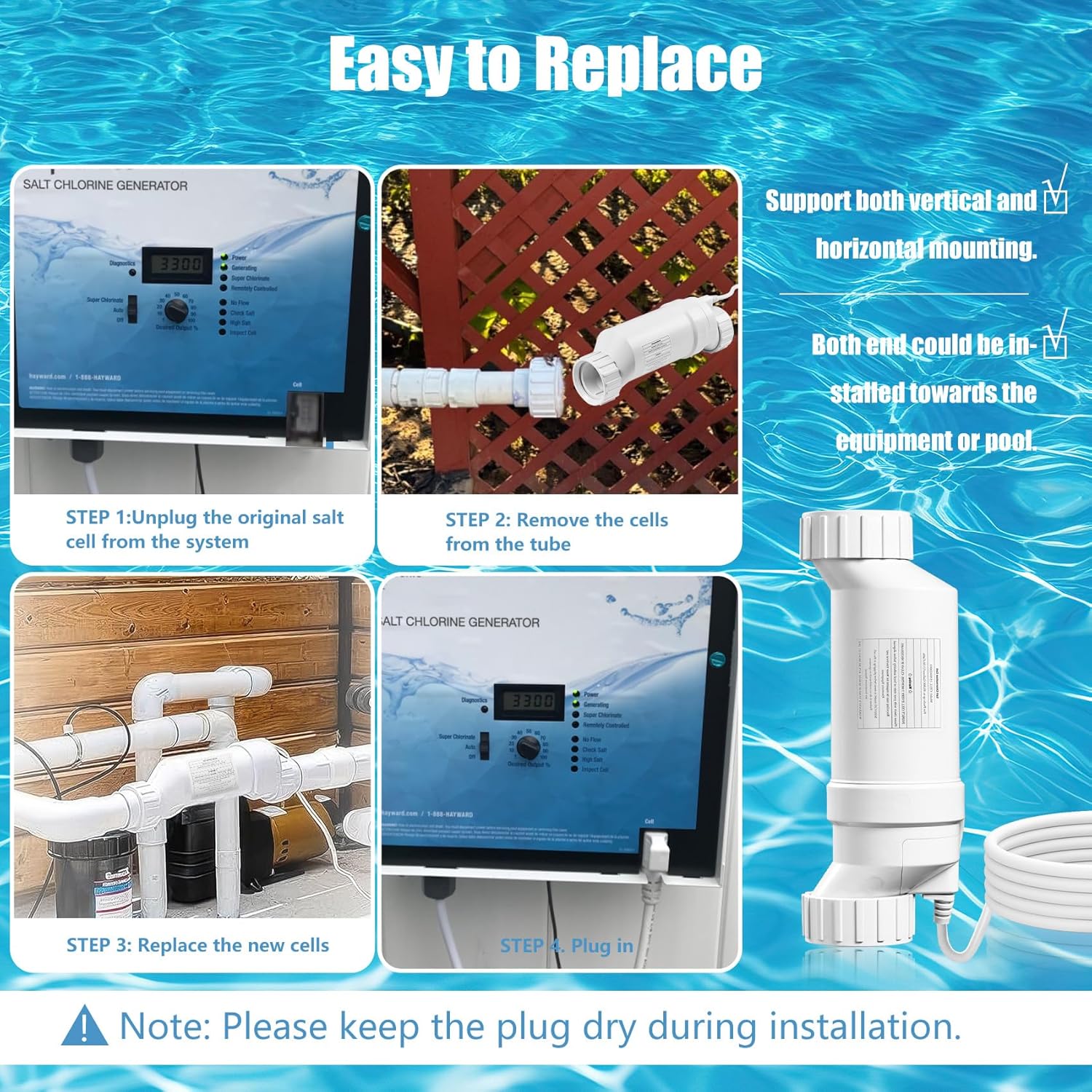 T15 Salt Cell Replacement for Inground Swimming Pool Up to 40000 Gallon, Compatible with Hayward Salt Cell System, 2 Year WRT