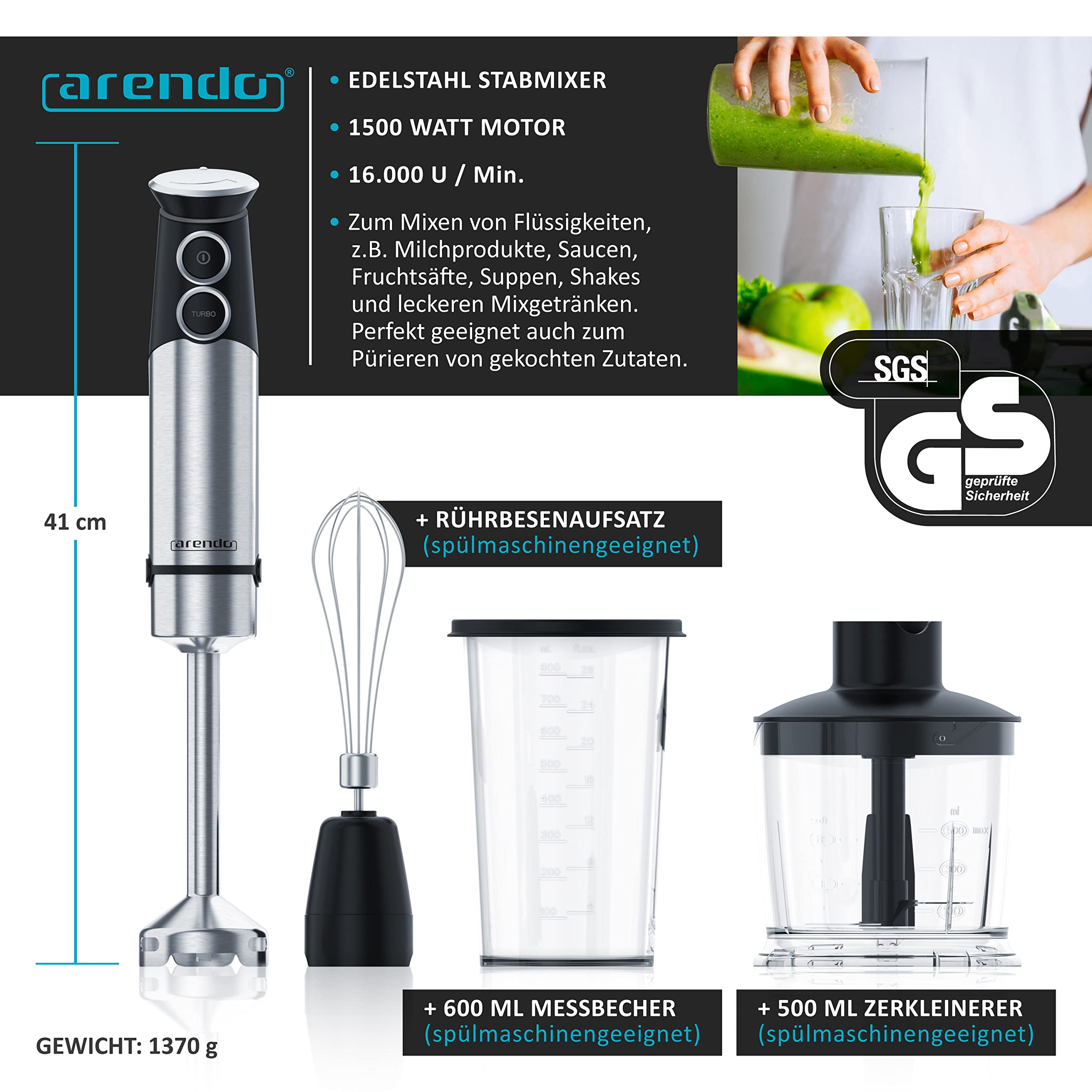Arendo - Stabmixer Edelstahl 1500 Watt Set - Pürierstab - stufenlose Geschwindigkeit - Turbotaste – 4-flügeliges Messer - 800 ml Messbecher – Schneebesen