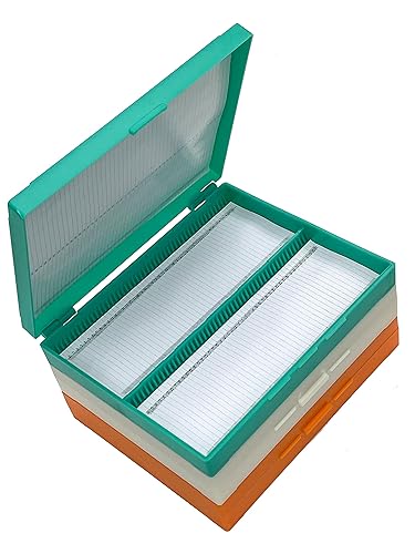 MUHWA Caja de almacenamiento de diapositivas de microscopio de plástico de 100 lugares, caja de diapositivas de vidrio de microscopio, colores