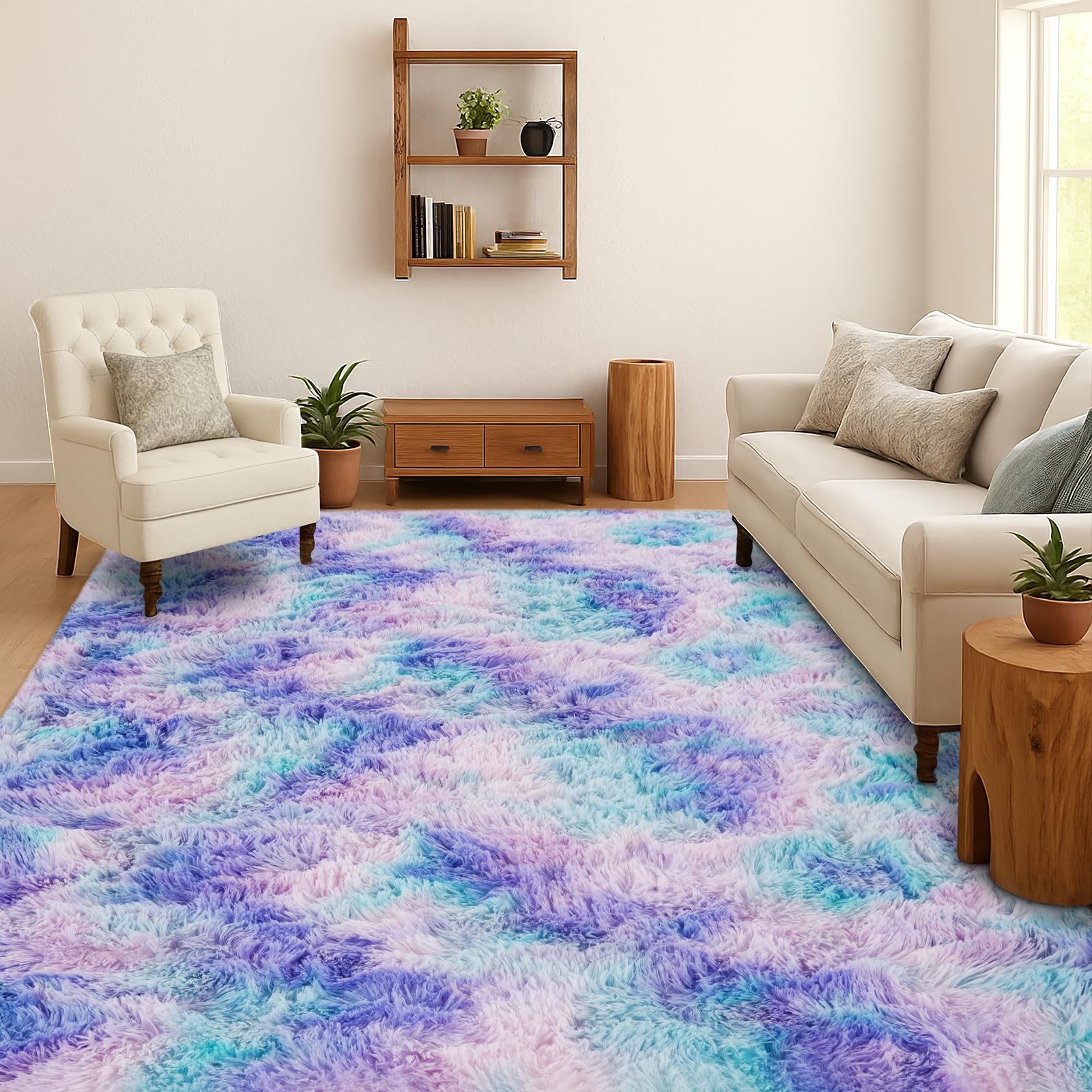 SOANNY Hochflor Wohnzimmer Teppich, Waschbar Anti-Rutsch & Flauschig, Tie-Dye Langflor Shaggy Teppiche für Schlafzimmer & Kinderzimmer, Bettvorleger Matte, 140 x 200 cm, Türkis Lila