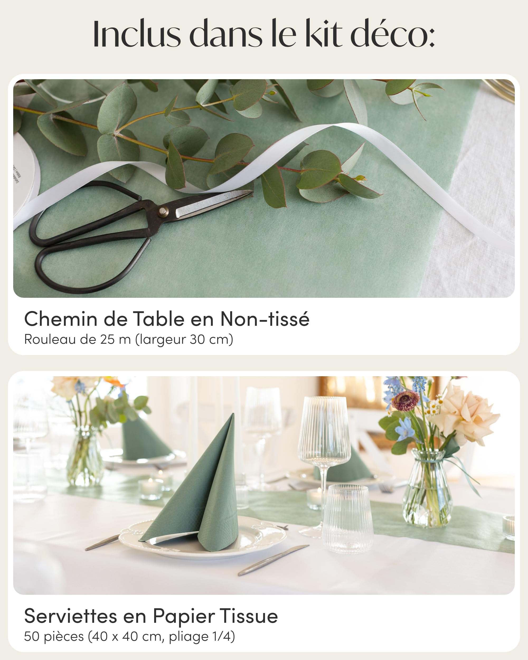 100% Mosel Kit de décoration de table – Vert Eucalyptus (25–50 Invités) | Chemin de Table en Intissé & Serviettes en Papier pour Mariage, Baptême, Communion & Anniversaire